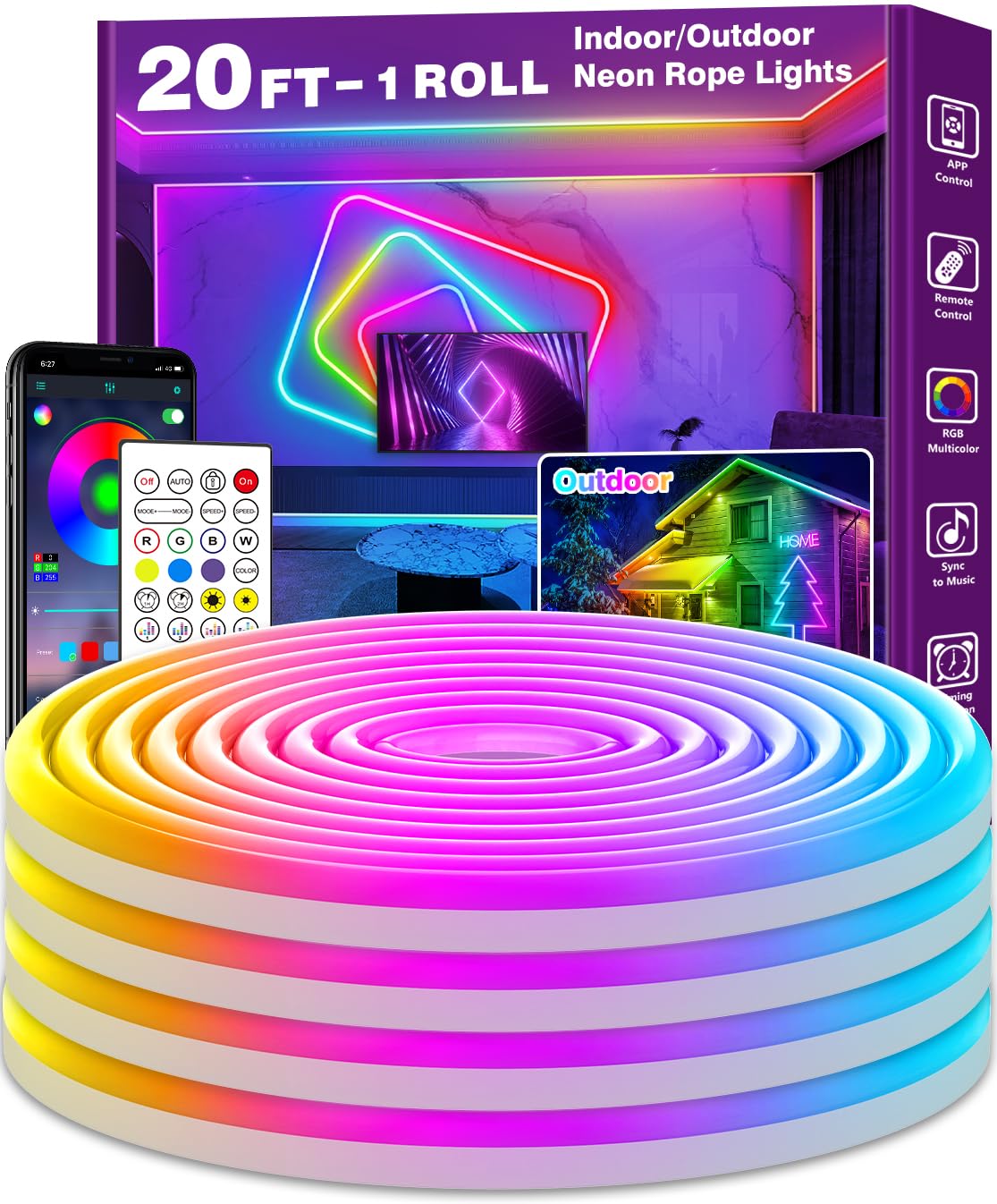 AILBTON Neon Rope Lights, 20FT Flexible LED, RGB Color, Waterproof, Music Sync, Model 150FT Led Neon BT1
