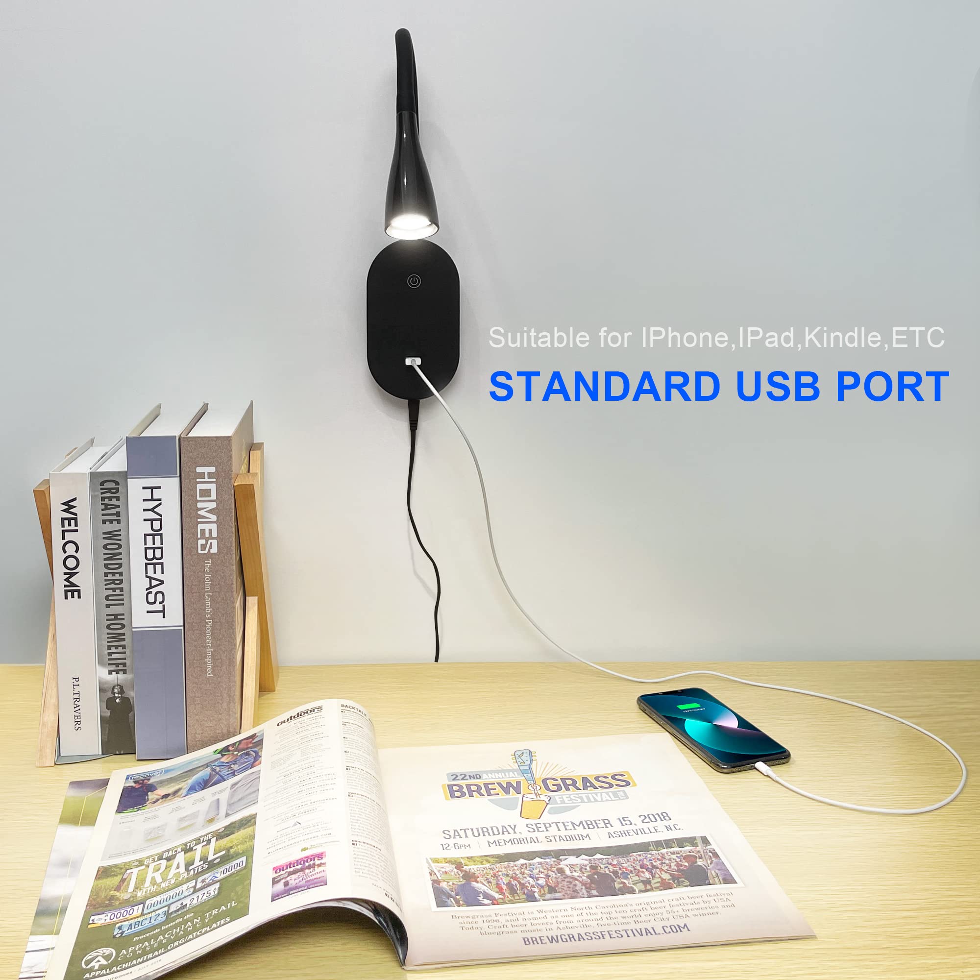 TOPMB Wall Reading Light, Touch Control, 5 Dimmable LED, Gooseneck, Black, Model WD6103-B1