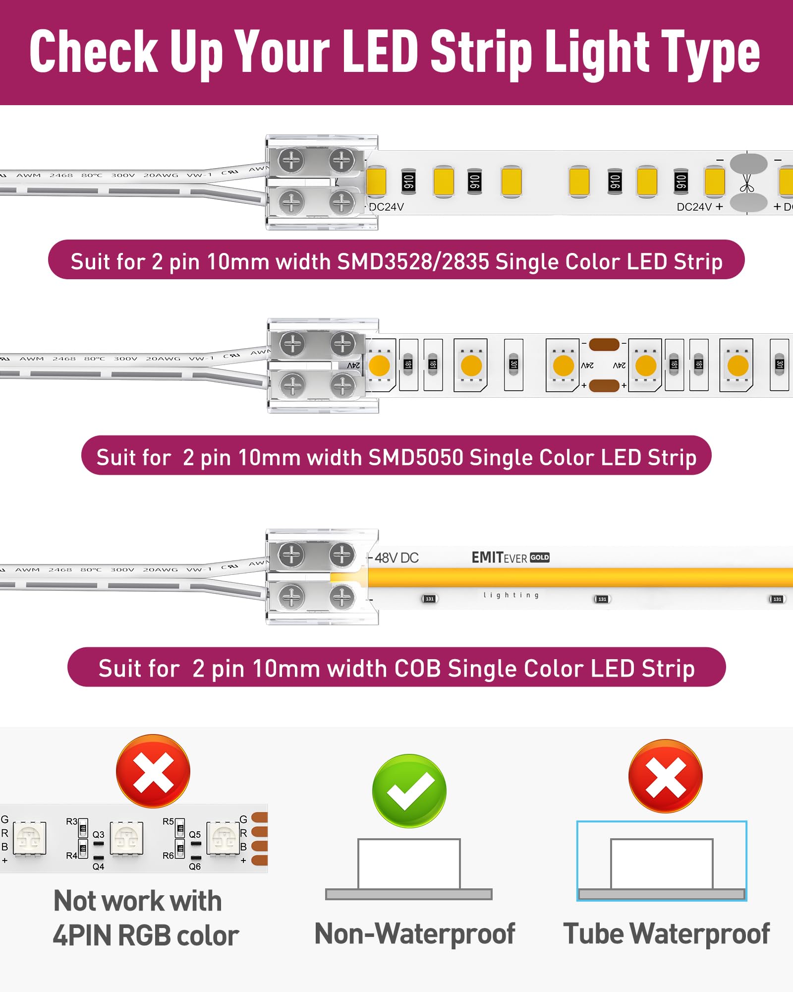 Emitever 10Mm Led Strip Connectors,2 Packs Led Tape Light Connector 2 Pin Solderless Tighten Screw Transparent Light Extension C