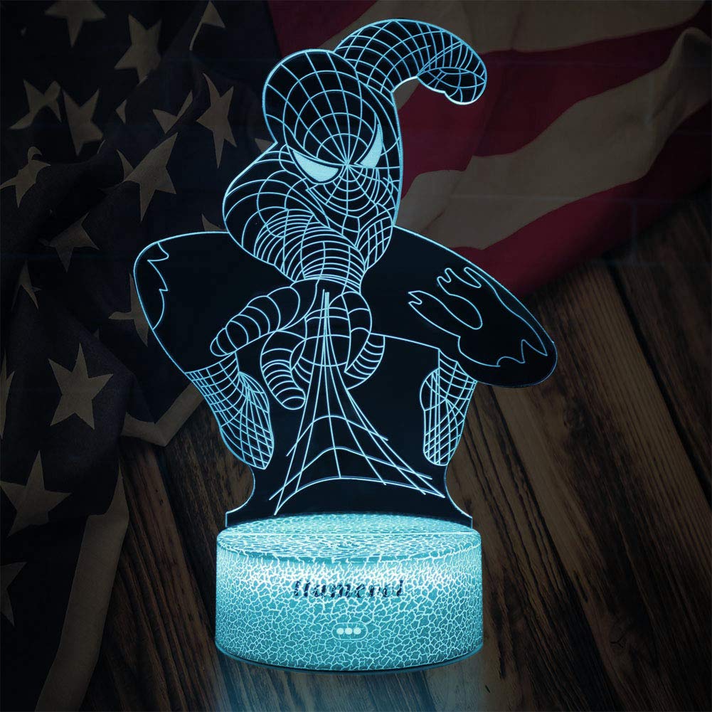 Spiderman Toys Kids Night Light Superhero Christmas Gift Birthday 3D Illusion Lamp for Kid Girl Boy Web Shooter 7 Color Remote C