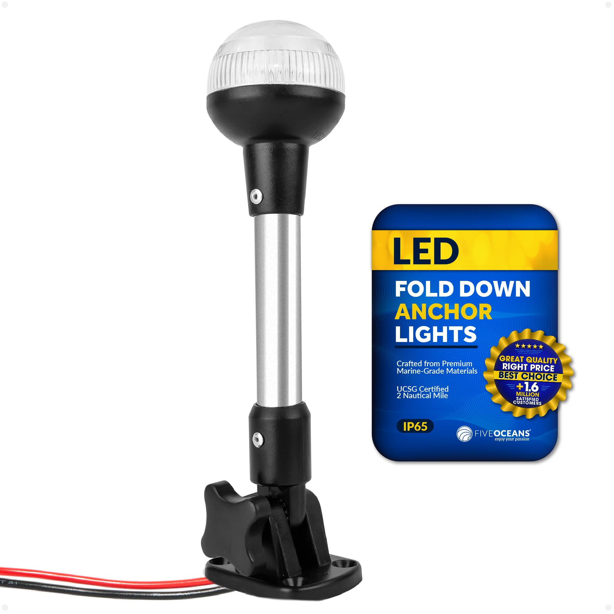 Five Oceans LED Marine Anchor Stern Light - 12V DC, USCG 2NM Certified, 9in Fold-Down for Pontoon & Fishing Boats