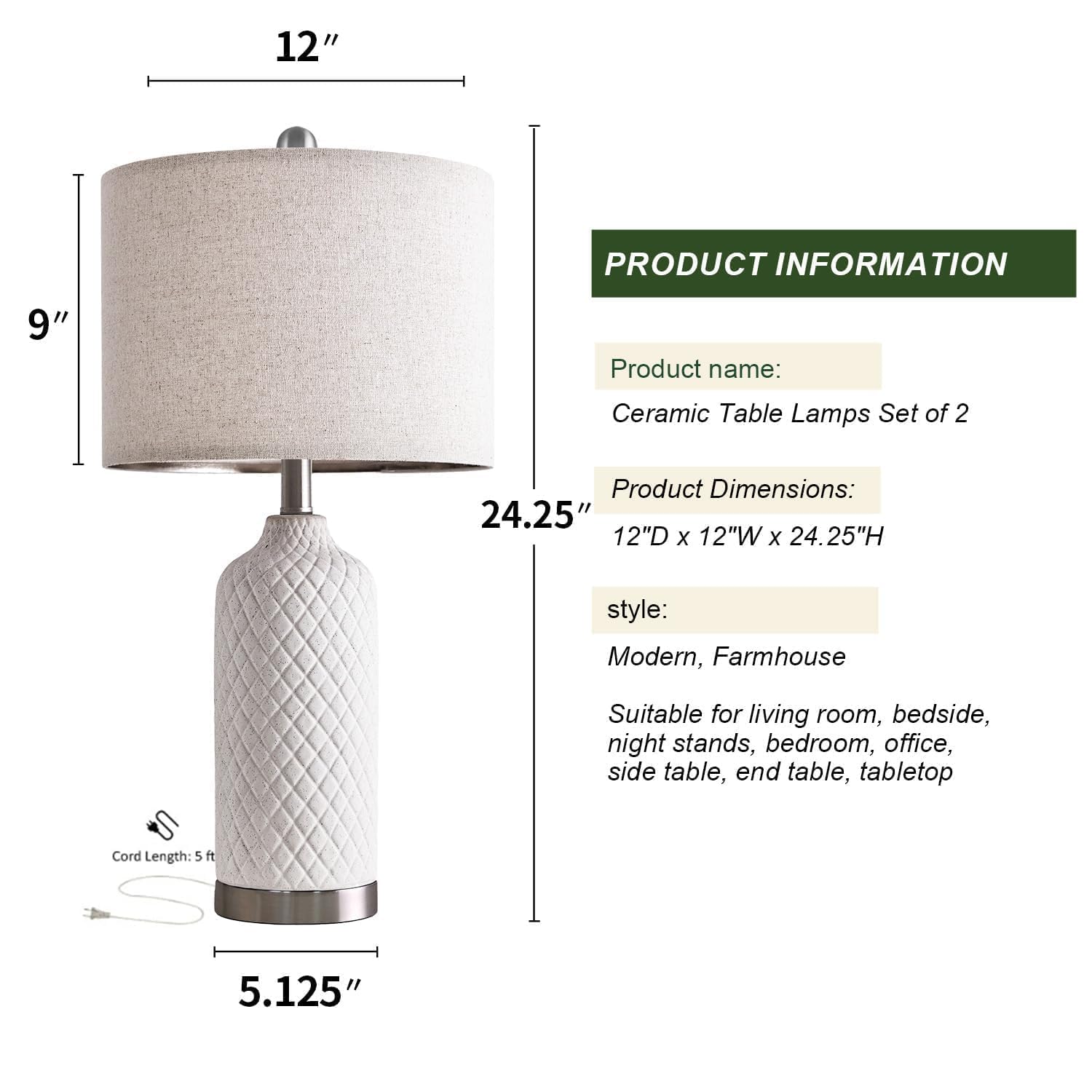 G-Safava 24.25&quot; White Ceramic Table Lamps Set Of 2, Boho Farmhouse Design For Living Room & Bedroom