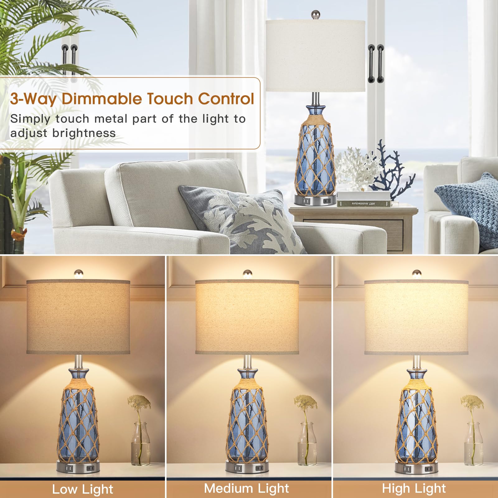 Ruzectt 25.5'' Coastal Glass Table Lamps Set Of 2, 3-Way Dimmable Touch Control Bedside Lamps With 2 Usb Ports And Ac Outlet, Bl