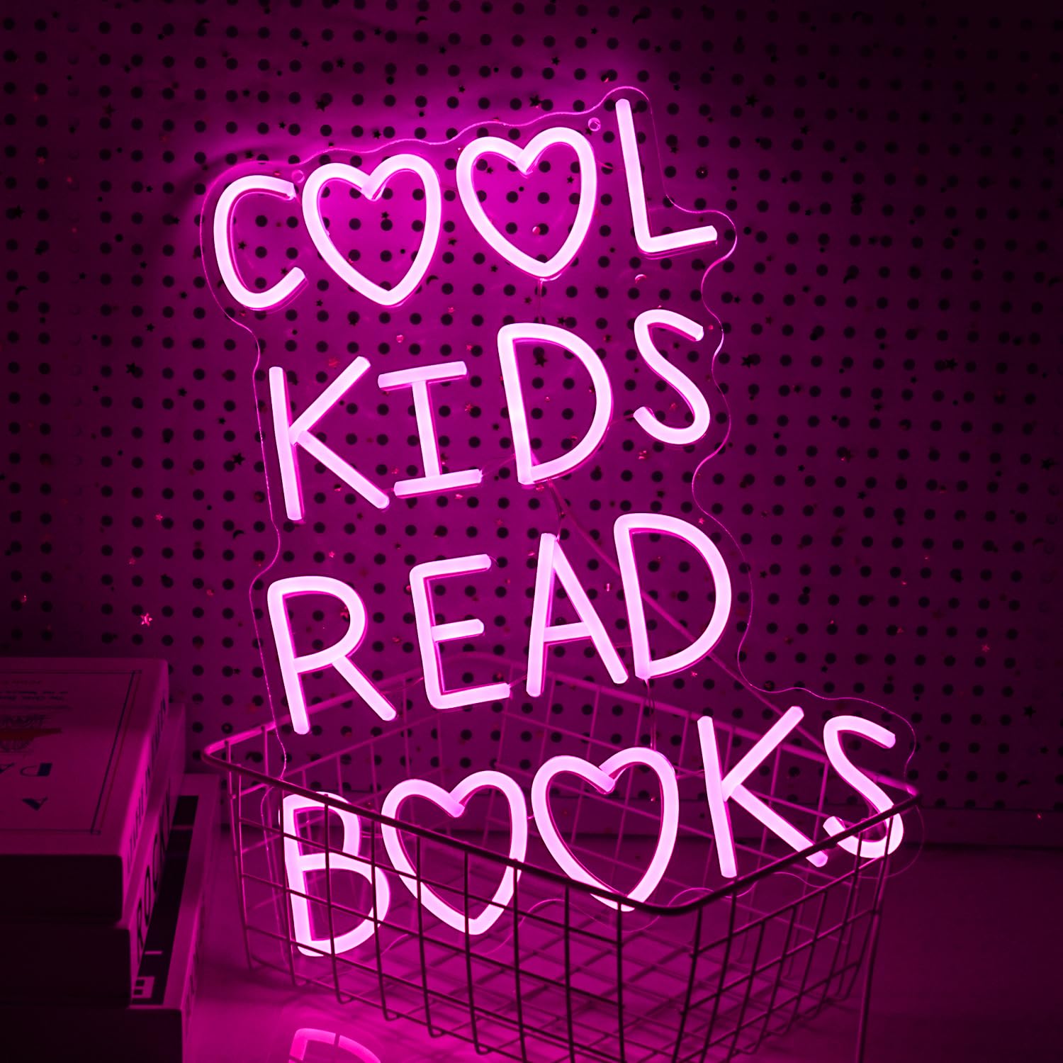 GNVETZLL Neon Sign - Cool Kids Read Books Light, Dimmable, USB Powered, Pink Acrylic, 16.3 x 12.4 In for Classroom & Kids Room Decor
