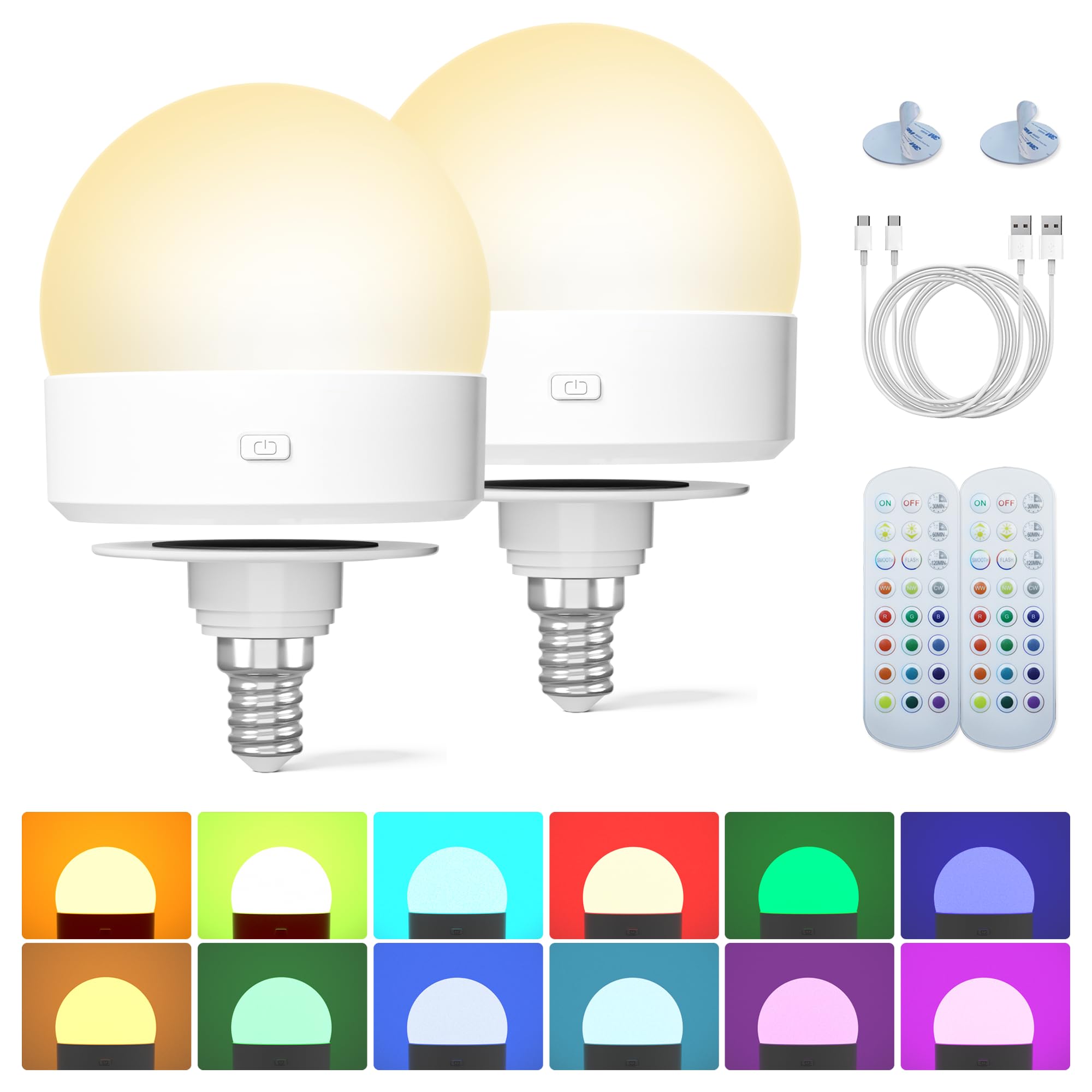 KINDEEP Rechargeable LED Night Light Bulb, E12, Wireless, Remote Control, 3000mAh, Dimmable, 3 Color Temperatures, 12 RGB Colors, White