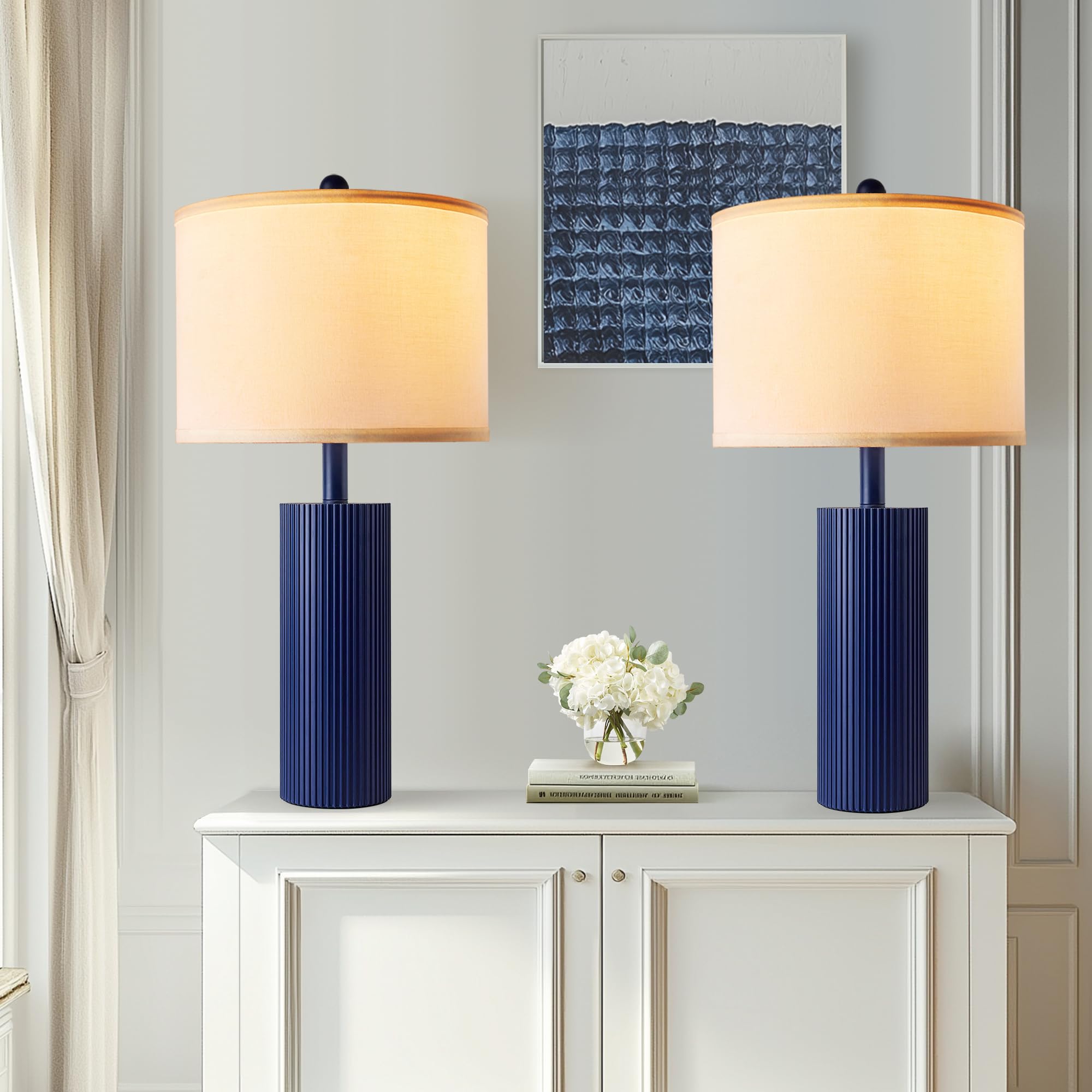 Bzzmmb 24.5'' Blue Table Lamps Set Of 2, Modern Living Room Touch Lamps With Usb C+A Ports, 2 Bulbs Included, Table Light Fixtur