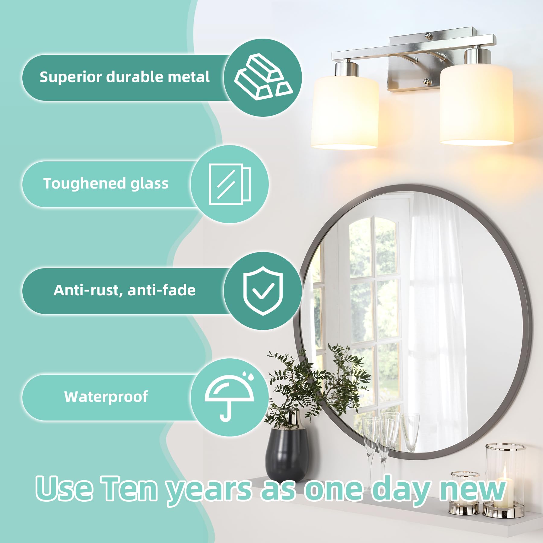SILAMPDI 2-Light Bathroom Vanity Lights Brushed Nickel Metal Wall Sconces with Milky White Glass Shades, Model SLD-JQD-001