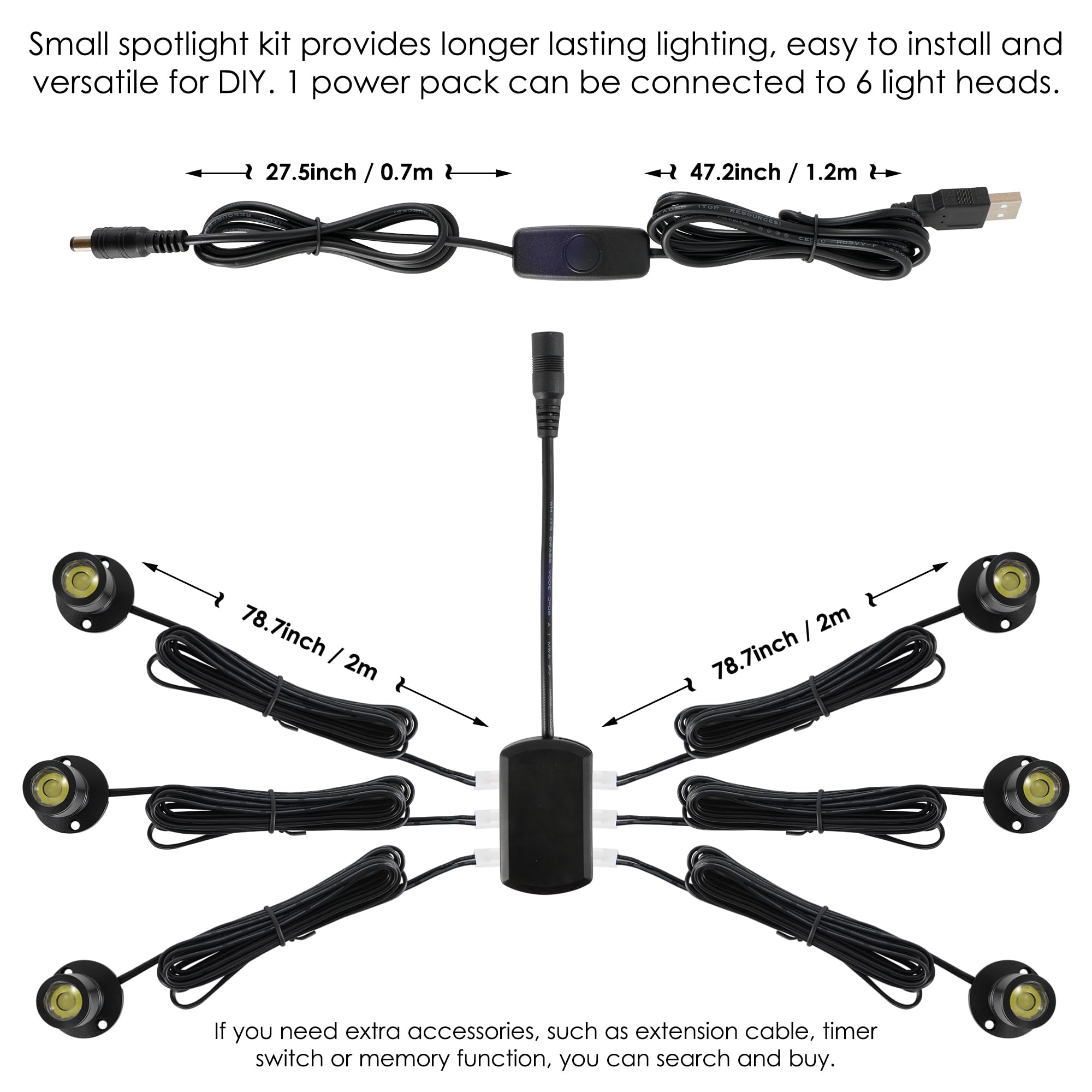 Dedc 6Pcs Mini Led Spot Lights, 1W 5V 6000K Under Cabinet Lights, Mini Spotlights For Displays With Dimmer (Cool White-Pushbutton Switches-Usb Plug)