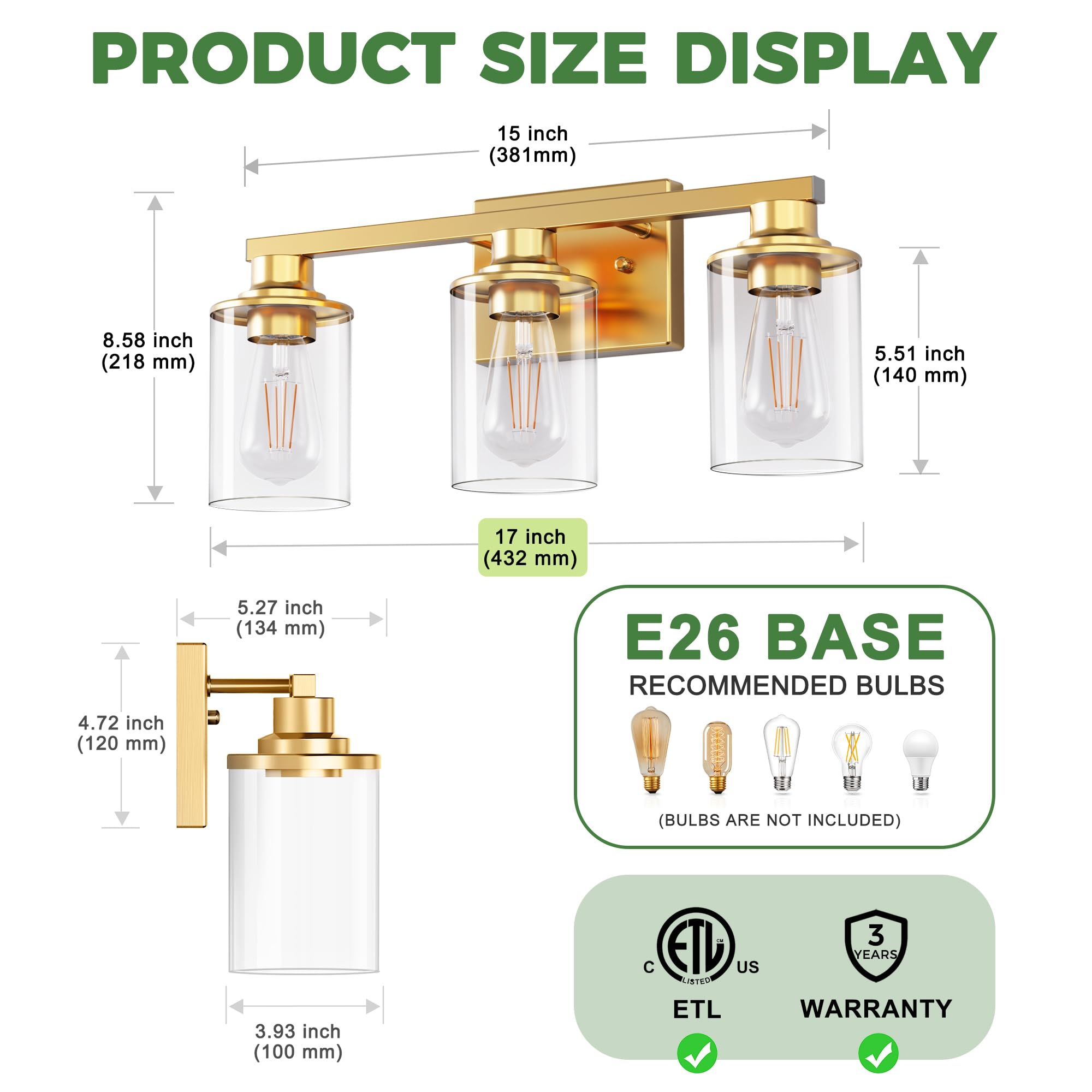 Doresshop 17 Inch Bathroom Light Fixtures  3-Light Brushed Gold Bathroom Lighting Fixtures Over Mirror With Clear Glass Shade  Vanity Lights For Living Room Bedroom