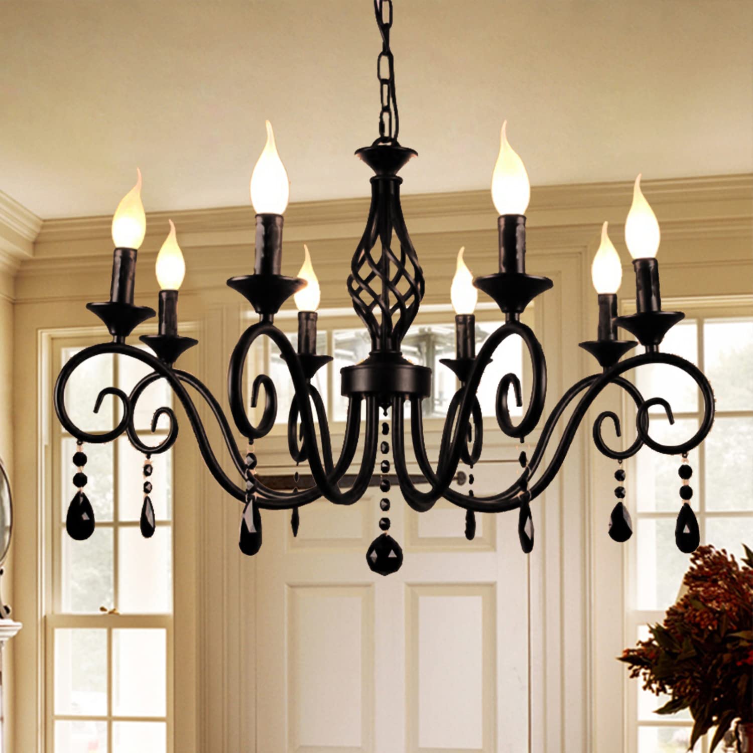 Ganeed Chandeliers,8-Light French Country Crystal Candle Chandelier,Industrial Black Vintage Pendant Light Fixture Hanging Light