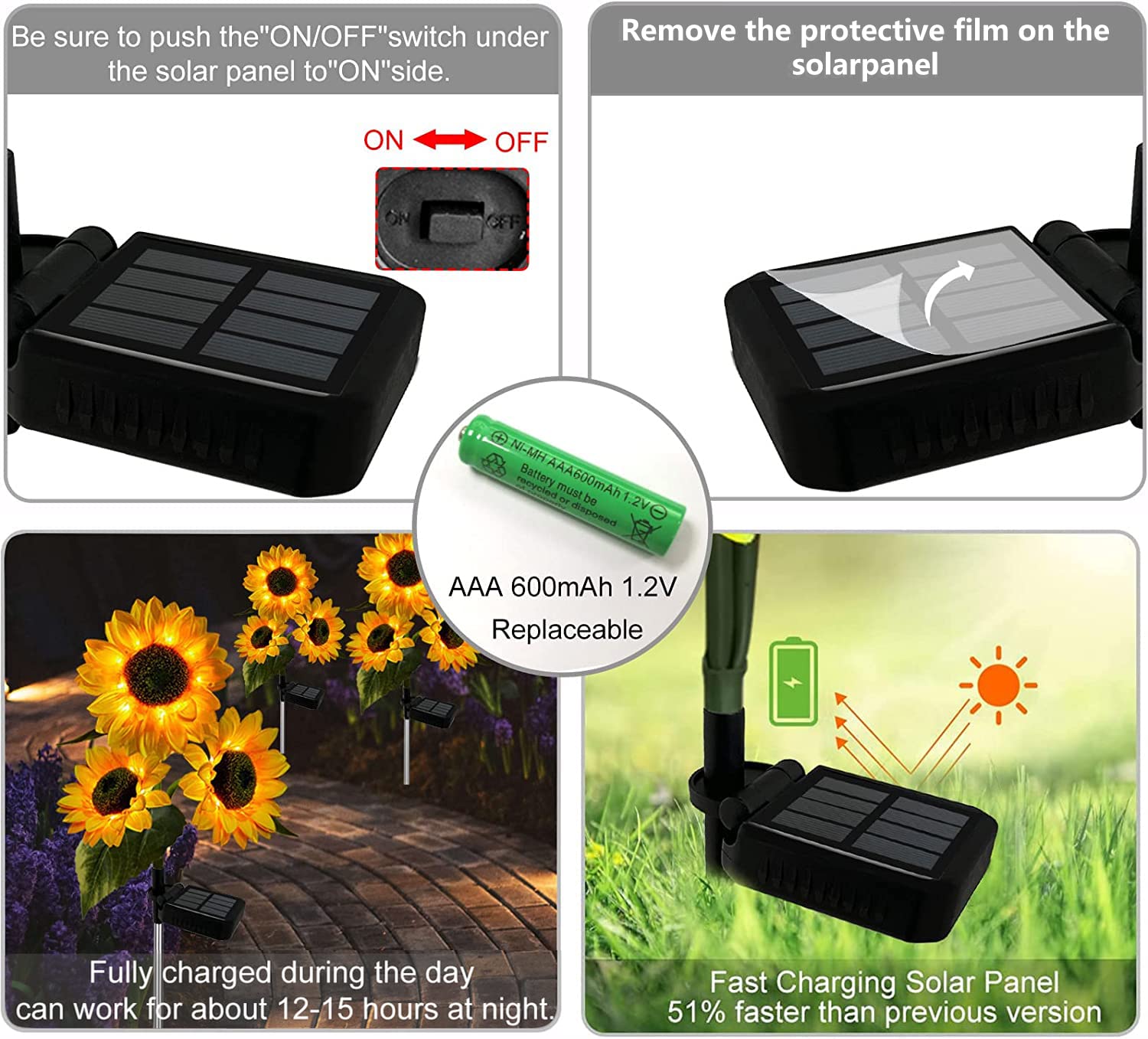 Nooneast 2 Pack Sunflower Solar Lights - Waterproof Led Yellow Flower Decor For Garden Pathway