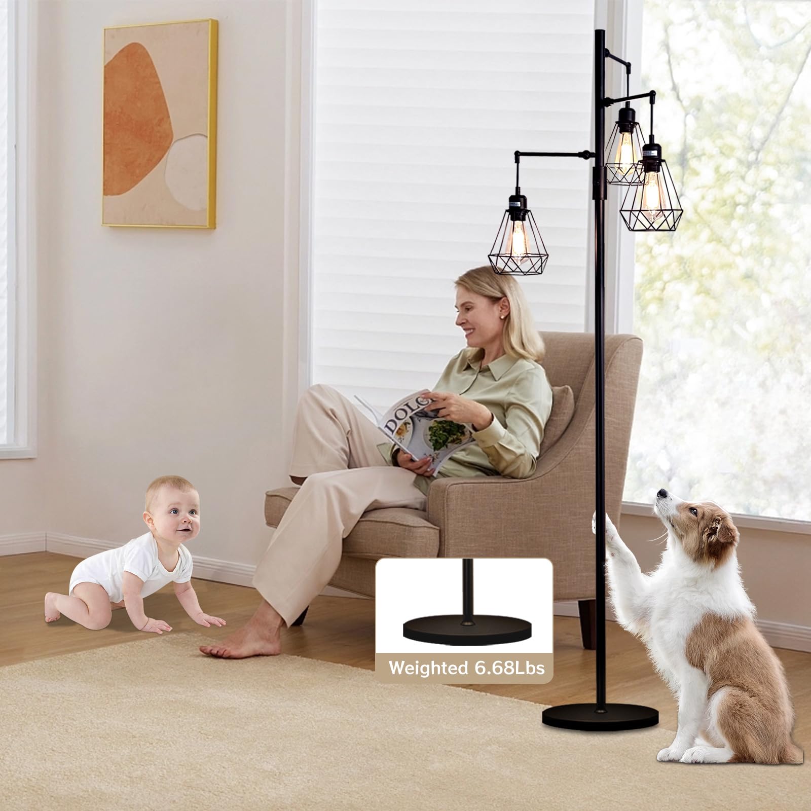 Juguo 69'' Dimmable Farmhouse Floor Lamp With 3X9W Edison Bulbs, Industrial Vintage Tree Design & Adjustable Diamond Cages, Black Rustic Lighting For Living Room/Office