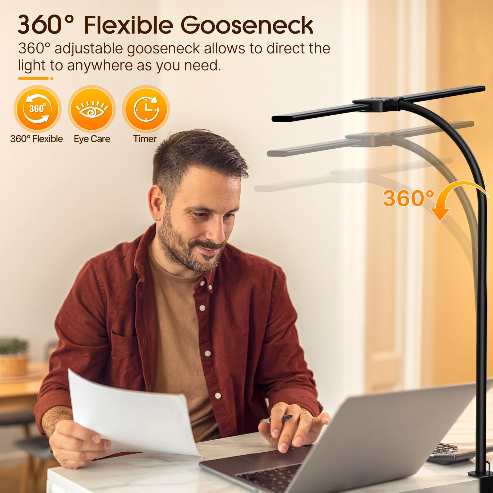 Syrinx Desk Lamp With Clamp, Double Head Desk Lamps For Home Office With Gesture Sensor Switch, Eye-Caring Led Desk Lamp With Fl