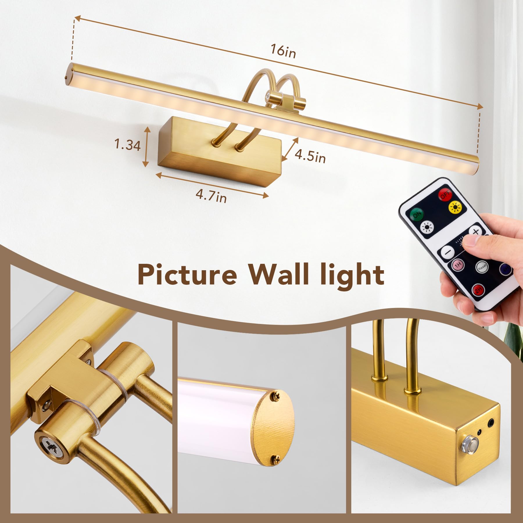 RAIFOOLLY Picture Light, 16in Wireless Wall Lighting, Dimmable Remote Art Light, Brass, Model RF00181