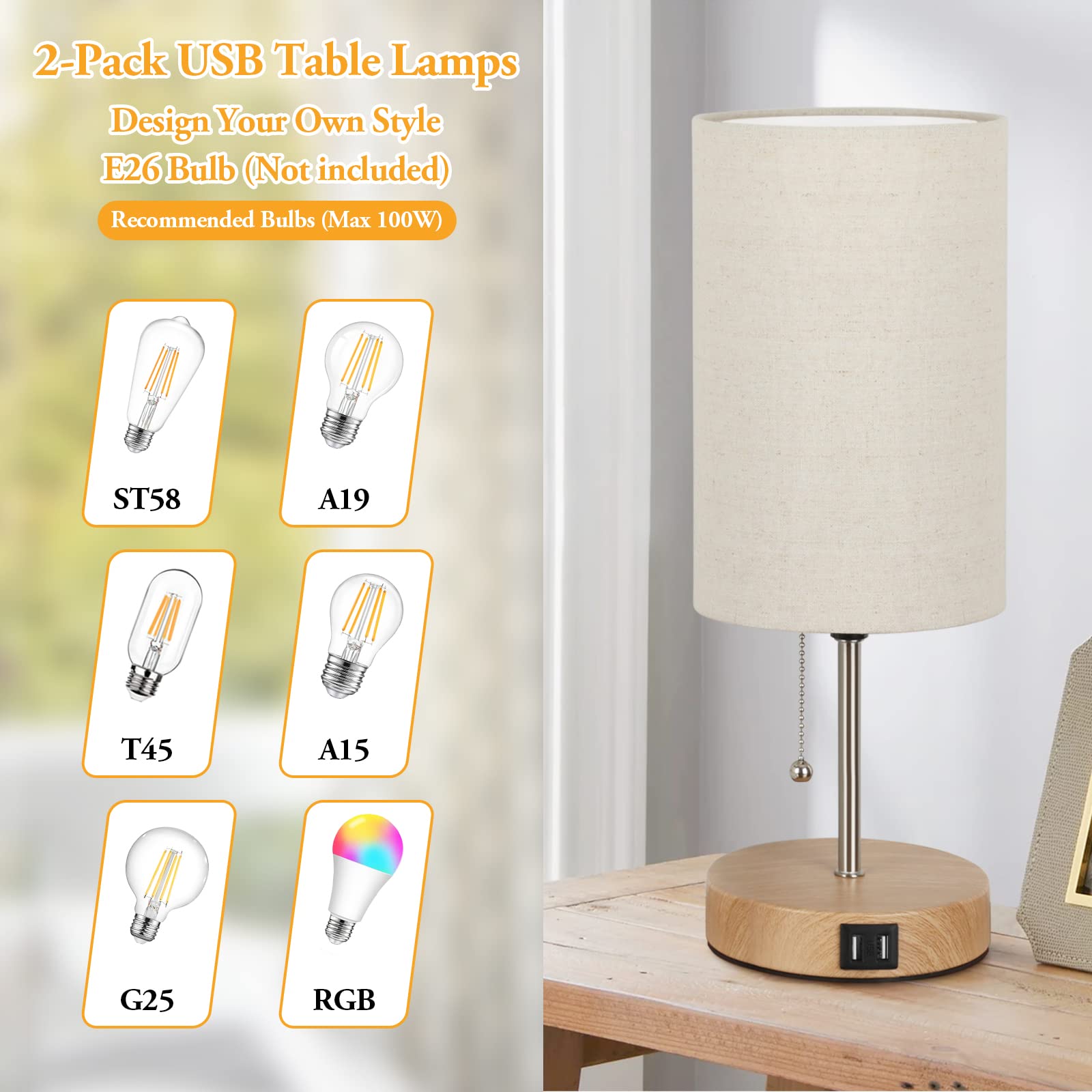 Lakumu Set of 2 Table Lamps with USB Ports, Cream Shade, Wood Base, Model ST0011