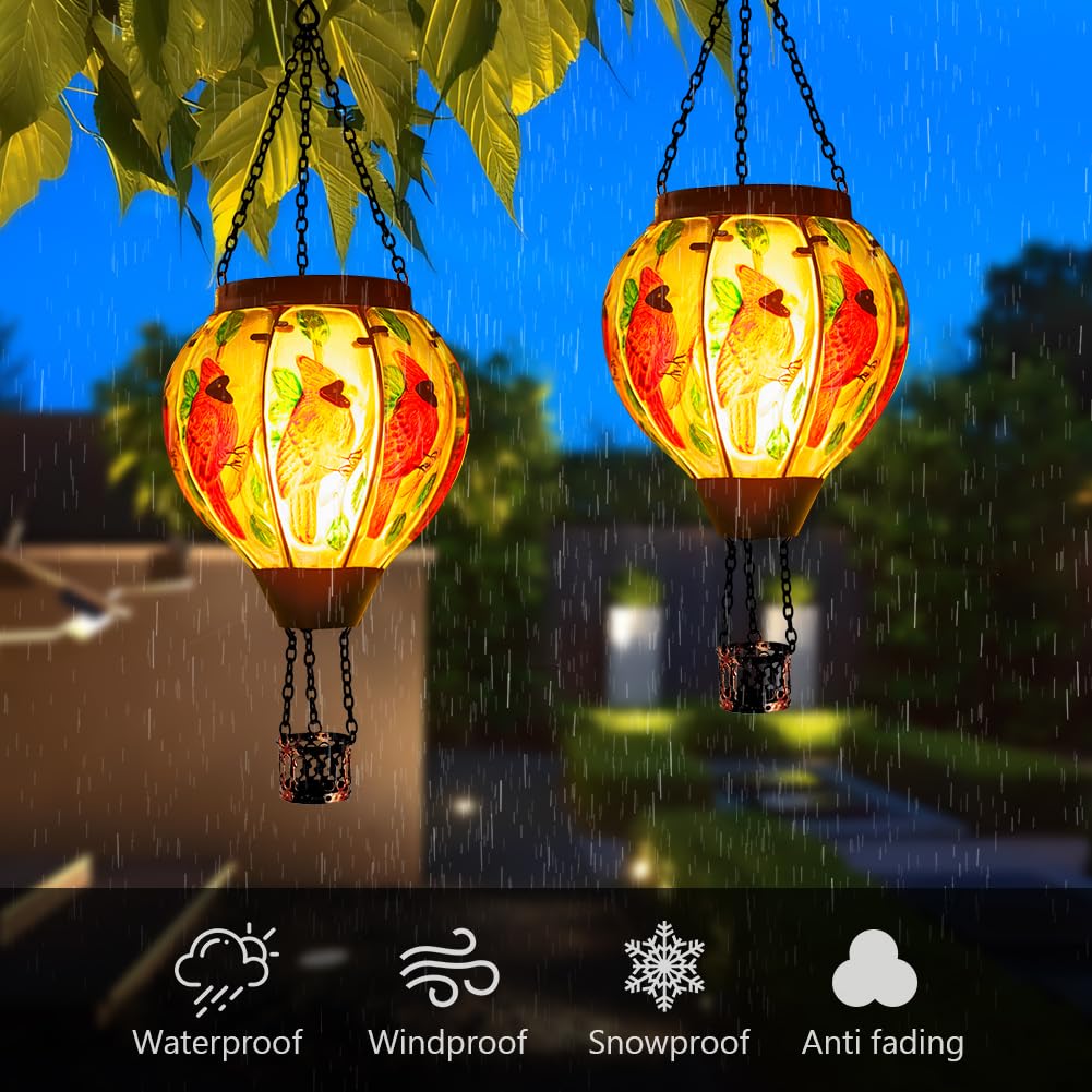 Starsoul 2 Pc Red Cardinal Hot Air Balloon Solar Lantern With Flame Glass Hanging Outdoor Hot Air Balloon Solar Light Waterproof