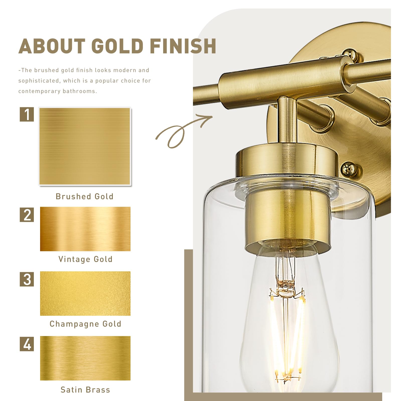 zeyu 3-Light Vanity Lighting Fixture, Modern Metal Over Mirror Light, Brushed Gold, Cylinder Clear Glass Shade, Model ZS62B-3W BG