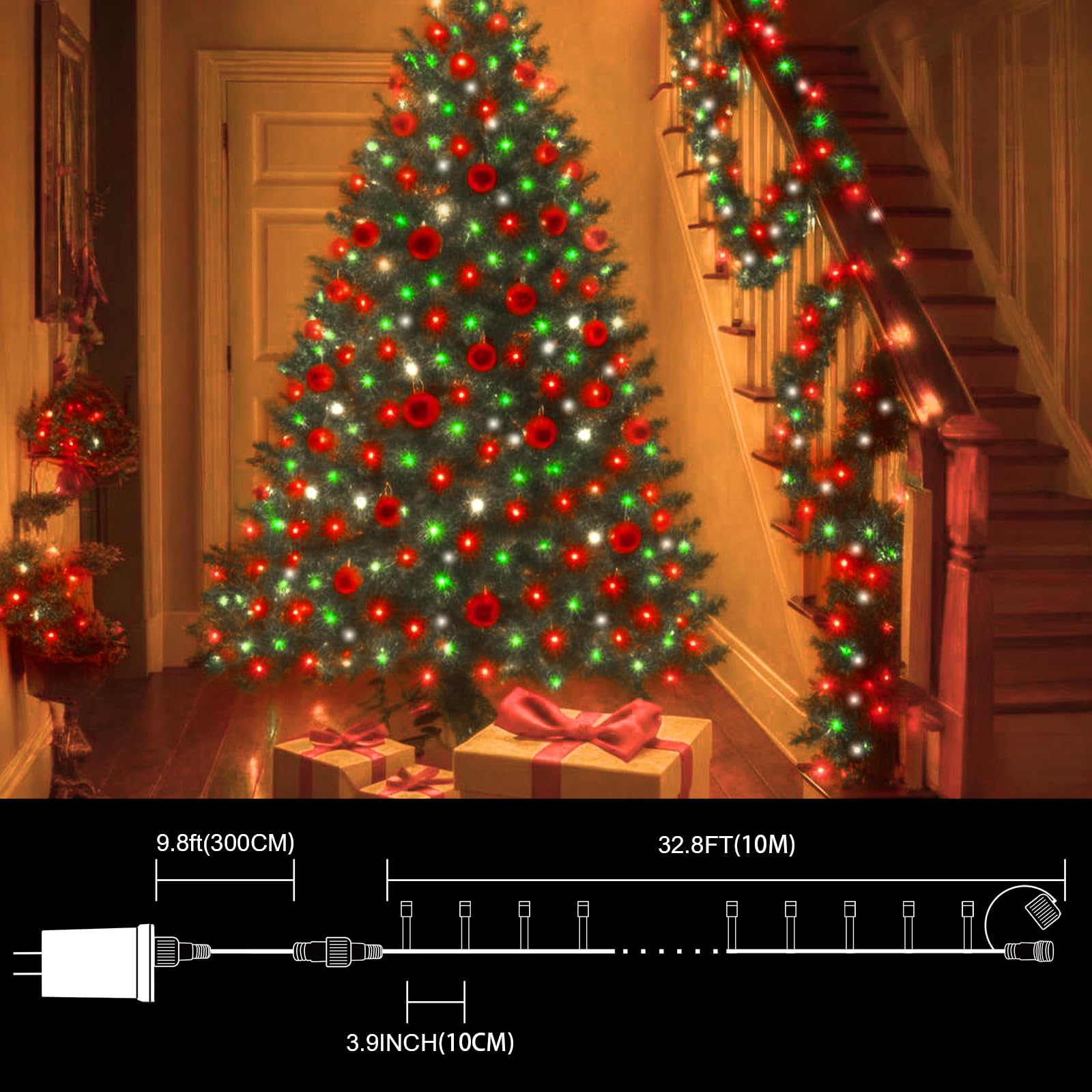 Lamphome 33Ft Christmas Decorative Mini Lights  100 Led Transparent Wire Fairy Starry String Lights Plug In  16 Lighting Modes For Outdoor Xmas Tree Wedding Party Decoration (Red/Green/White)