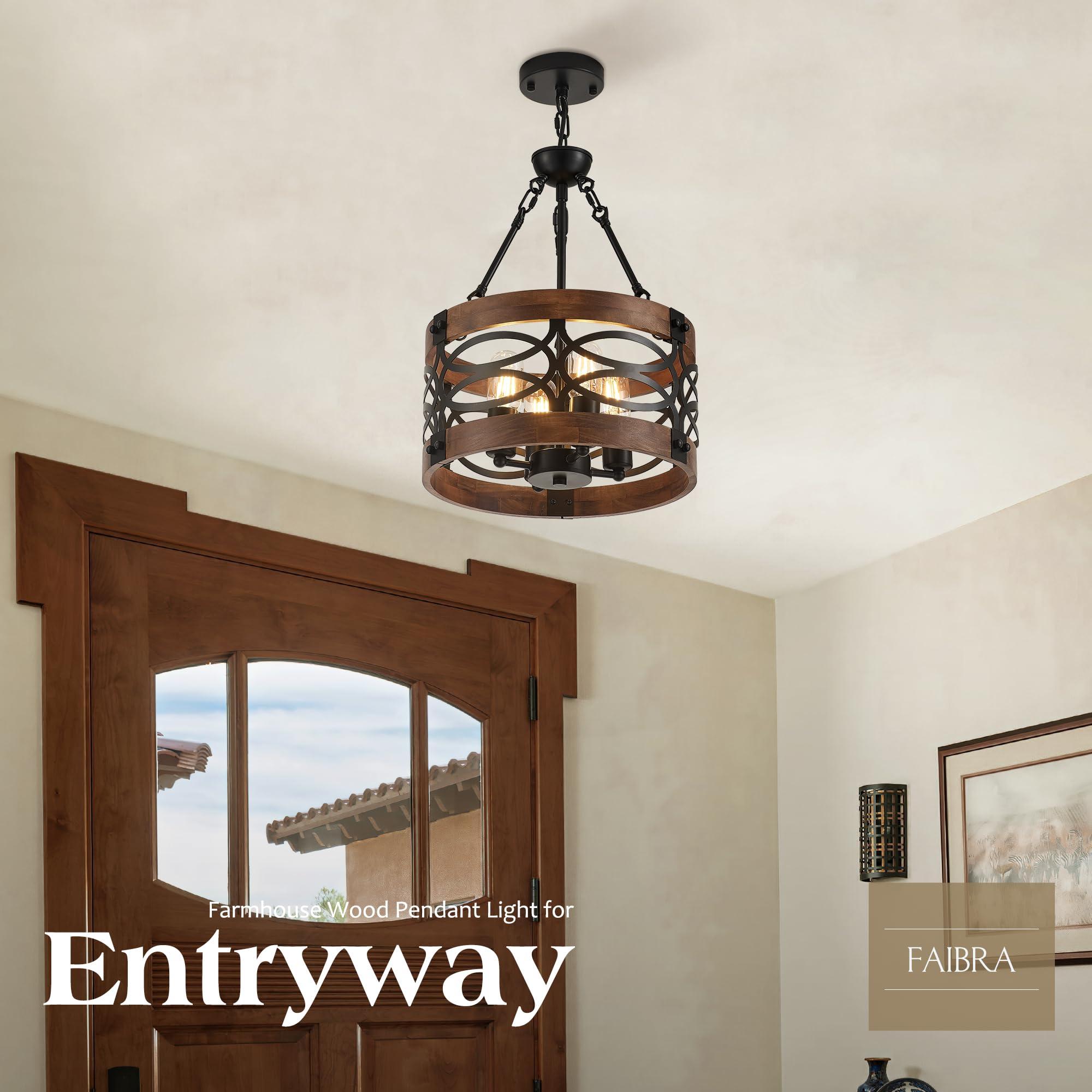 Faibra 4-Light Farmhouse Drum Wood Pendant Light 13.8'' Vintage Rustic Brown Oak Wood Chandeliers,Retro Industrial Hanging Light
