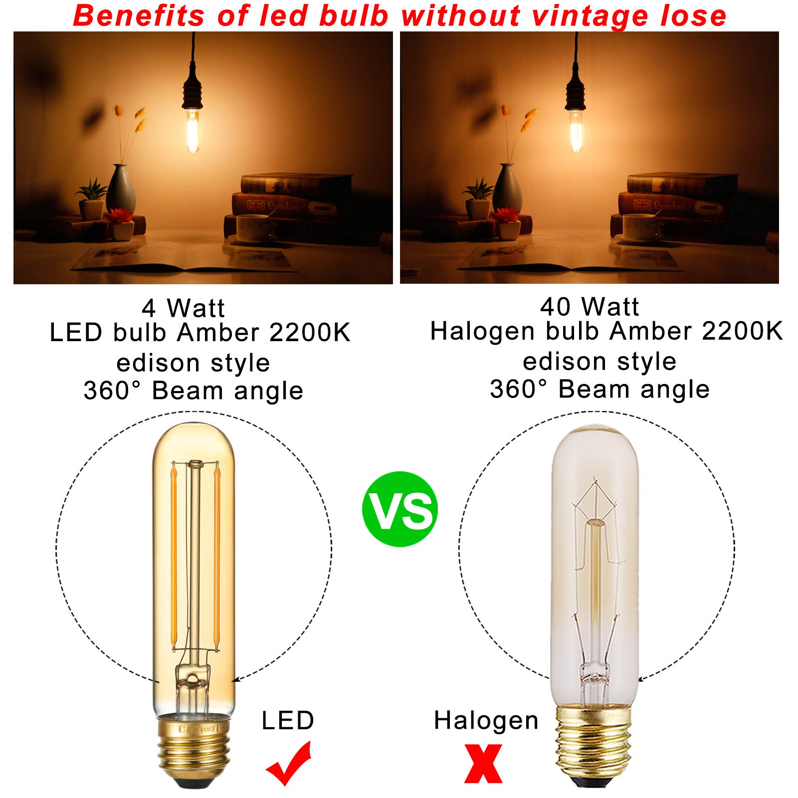 Litehistory Dimmable T10 Led Bulb 4W Equal E26 Edison Bulb 40 Watt Ac120V Tubular Light Bulb Warm White 2200K Amber 250Lm E26 Le