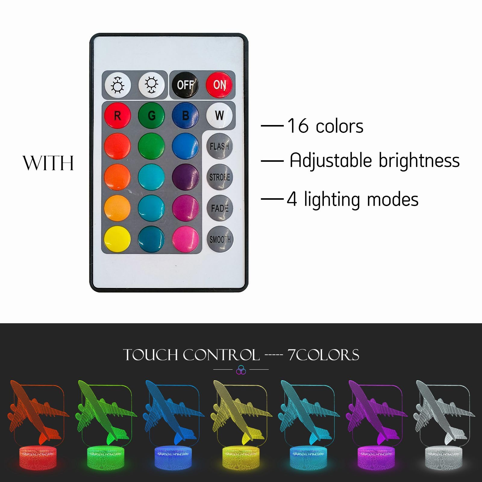 Masshomi Acrylic 3D Visual Anime Night Light 16 Color Change Usb Charge Base Touch Remote Control Air  Pilot Aircraft Helicopter Fighter Shape Men Gift Atmosphere Room Decoration