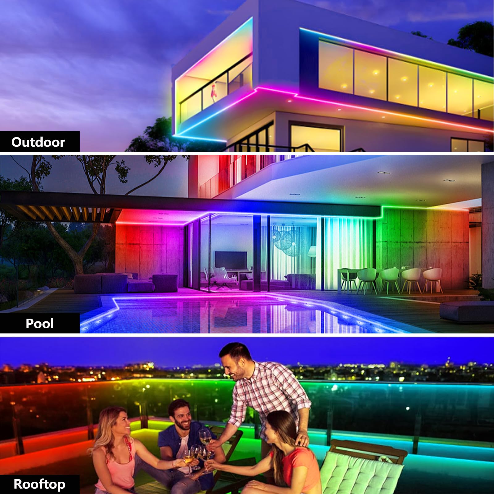 Bvokon 65.6FT IP68 Outdoor RGBIC LED Strip Light with App Control, Music Sync, Waterproof for Balcony, Garden, Pool