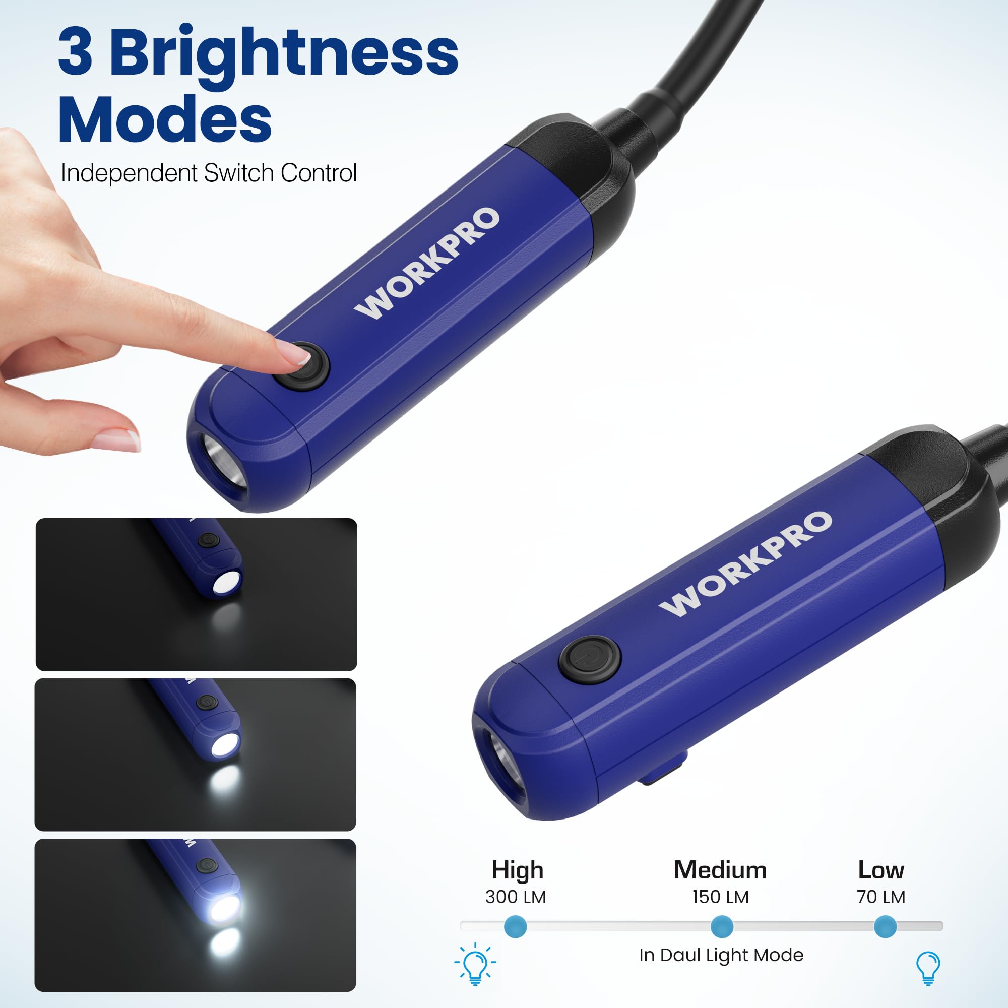 WORKPRO Rechargeable Neck Light, 300 Lumens, 3 Brightness Levels, Bendable Silicone Arm, Blue and Black, Model W139033AF