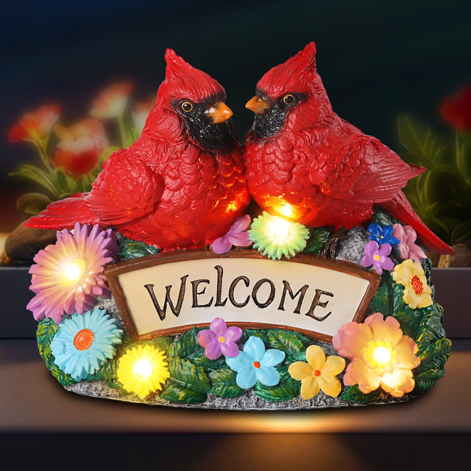 YHSOLAR Solar Garden Statues 5.3 Couple Red Cardinal Figurines with Welcome Sign Waterproof Flower Garden Decor LED Lights for O