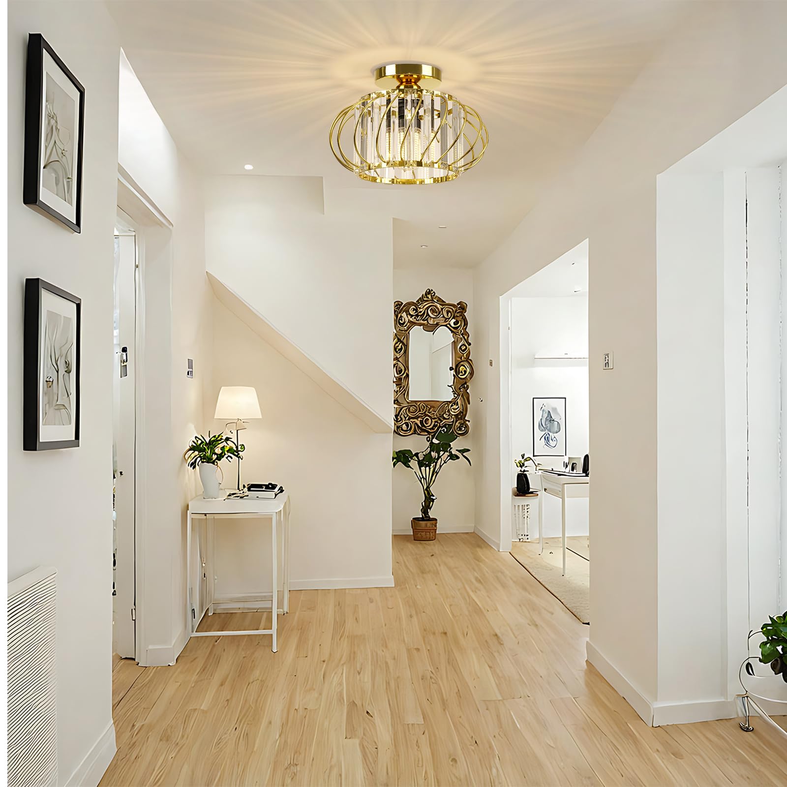 Frideko Home Semi Flush Mount Ceiling Light - Crystal Chandelier Hallway Lighting Fixtures Ceiling Gold Ceiling Light Fixture Fo