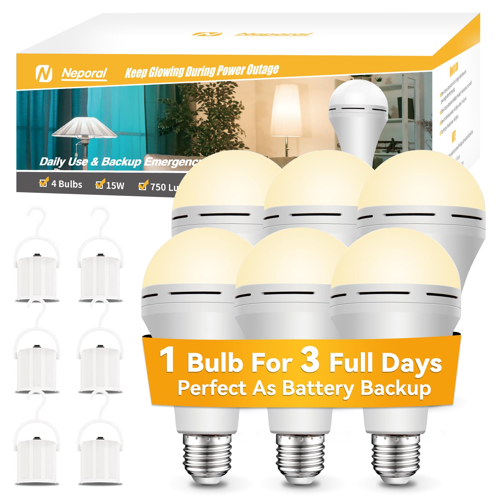 Neporal Rechargeable Light Bulbs, 2600mAh, Warm White, E26/E27, Model QP-15W, 6 Pack, Ideal for Emergency Power Failures