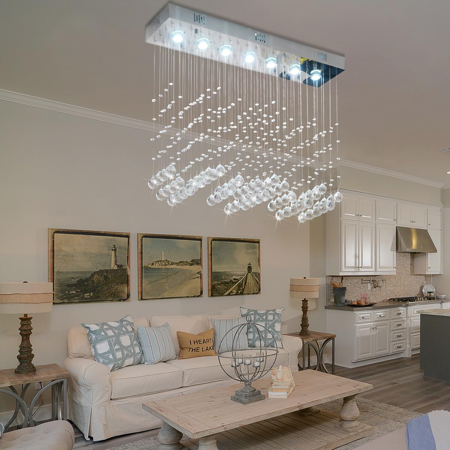 Crystop Contemporary Rectangular Chandelier, 7-Light Raindrop Pendant, 23.6X9.8X27.6, Silver, Crystal Ceiling Light For Dining Room/Kitchen