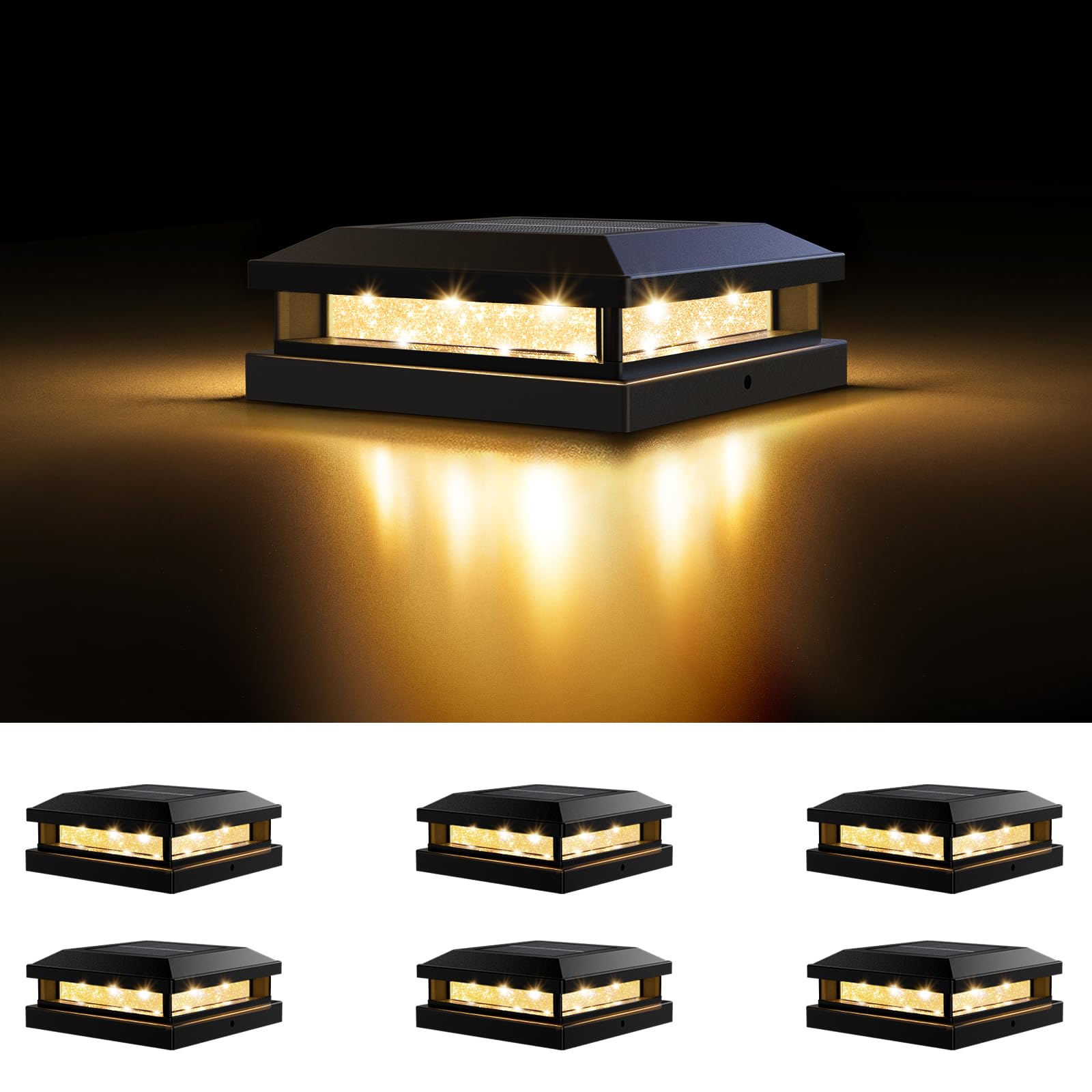 Brightever 4x4 Solar Post Cap Lights Outdoor 6 Packs  Waterproof Solar Powered Deck Post Lights for5x5 Wooden/Vinyl  Black Fence Lights with 16LEDs Warm White/Cool White for Outdoor Decoration
