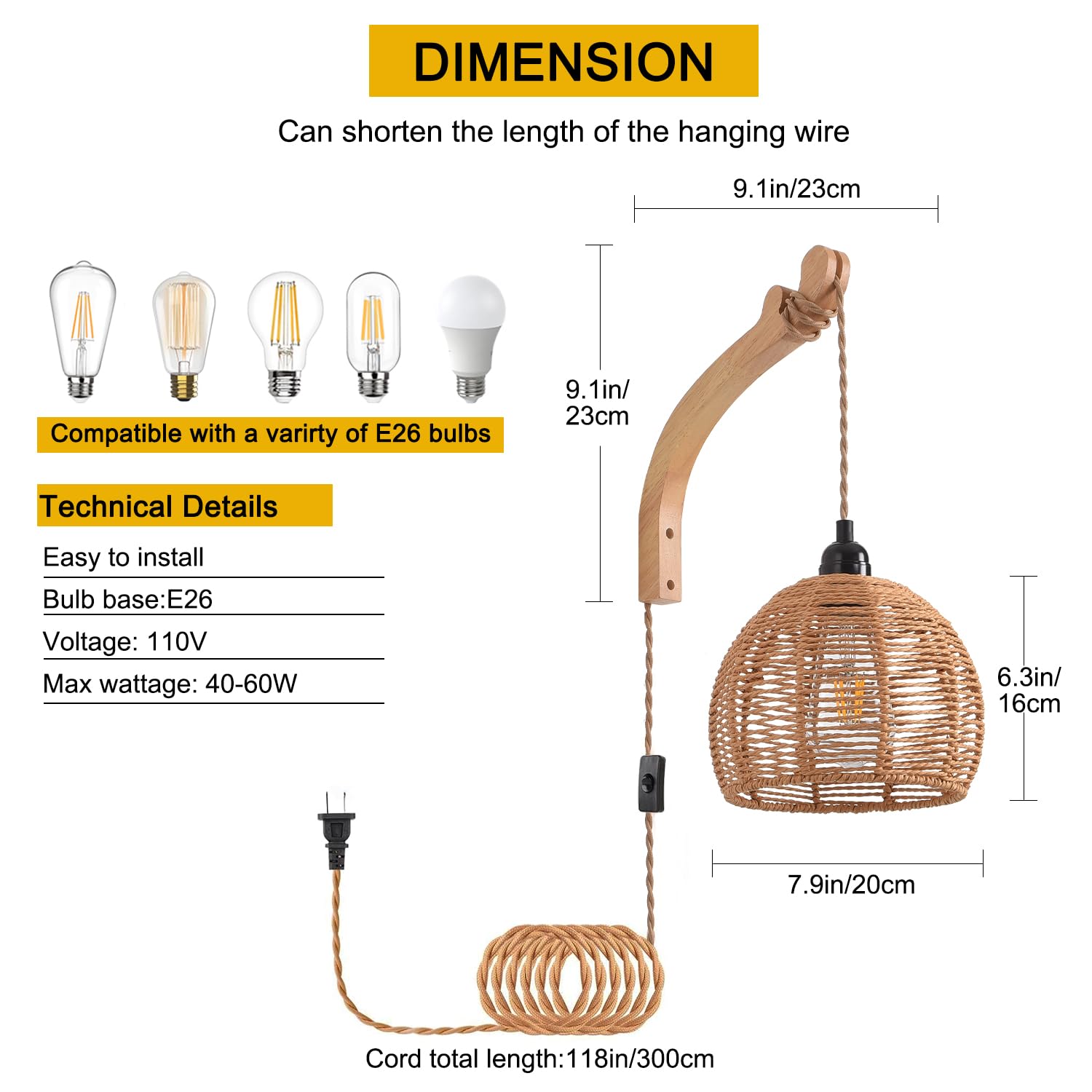 CAFULAM Wicker Wall Sconce - Hand Woven Rattan Plug-in Lamp, Rustic Boho Design, 7.87" Color: Natural, Model WPGSCN, Perfect for Living