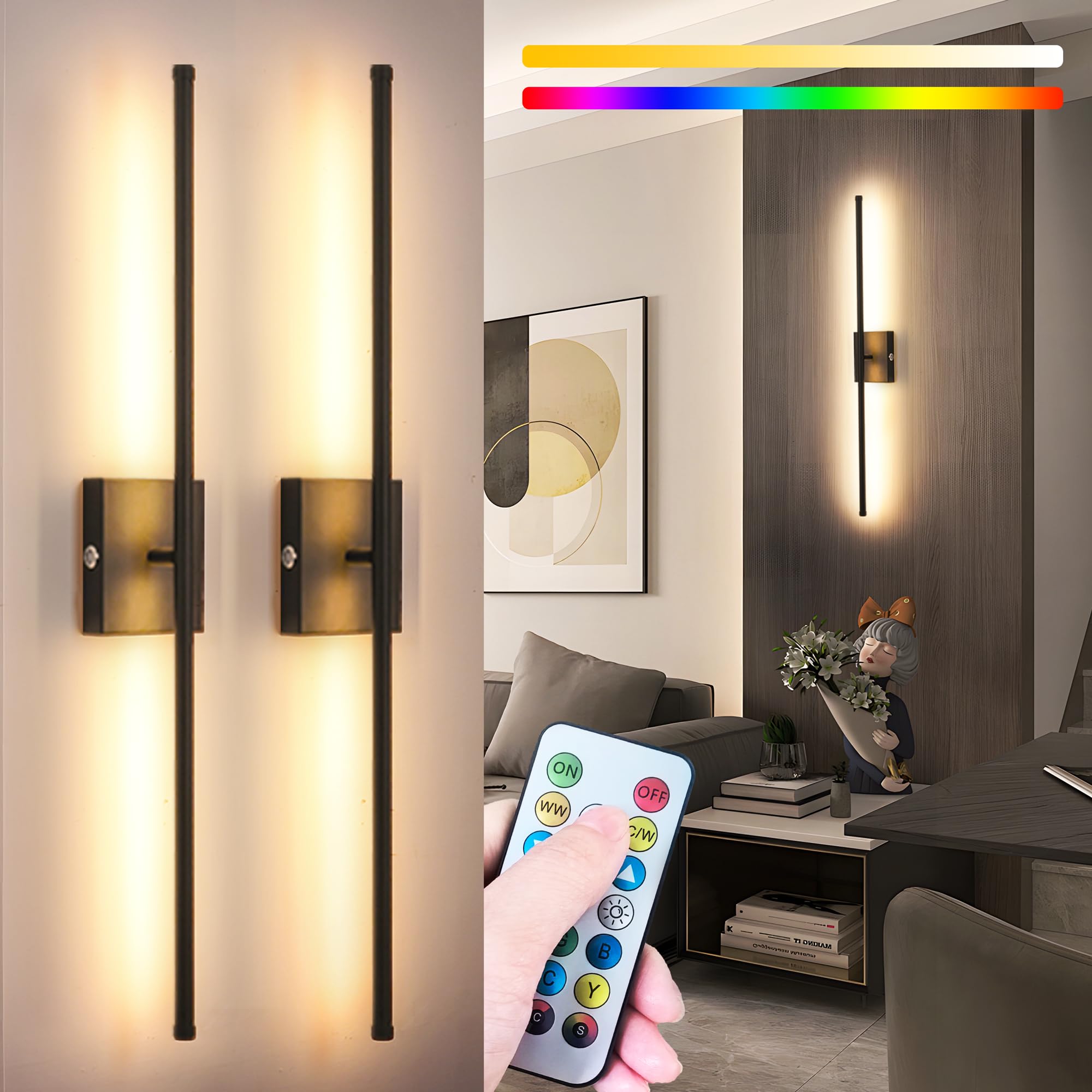 Wall Sconce Set of Two,Battery Operated Wall Lights with Remote No Wiring,Rechargable Wall Sconce 60hrs Long Battery Life,Wirele