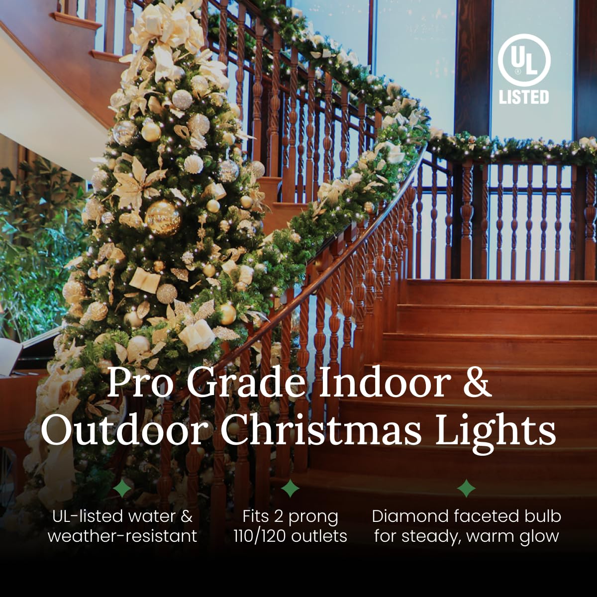 Pro Christmas M5 Led Holiday Lights - 70 Bulbs, 23.3Ft - Professional Grade Indoor Outdoor Diamond Cut Sparkle Light Strings For Home Decorations And Christmas Trees - Green