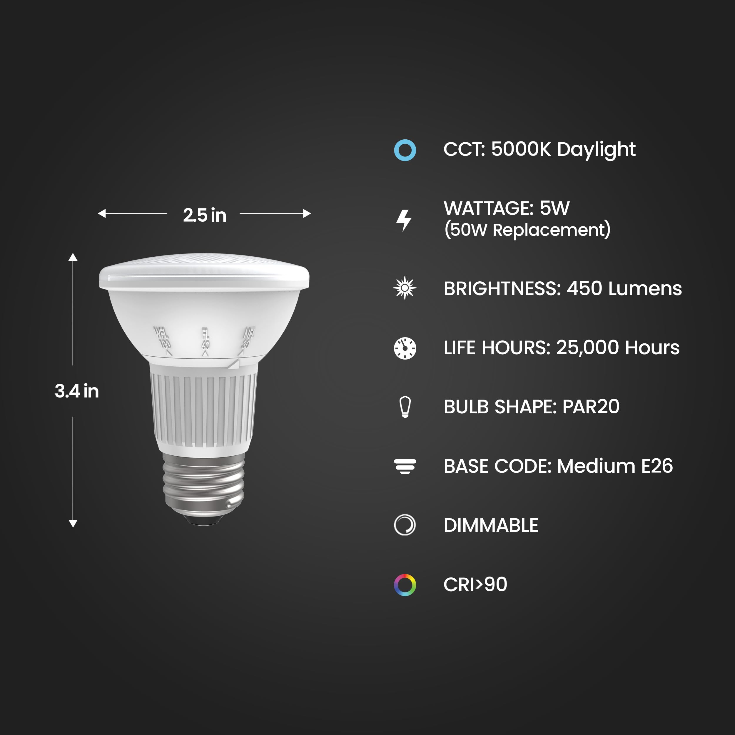 Feit Electric Par20 Led Light Bulb, 50W Equivalent, Dimmable Spotlight Bulb, 5000K Daylight White, E26 Base, 450 Lumens, 22-Year Lifetime, Beam Choice Led Track Light Bulb, Par20/Adj/950Ca
