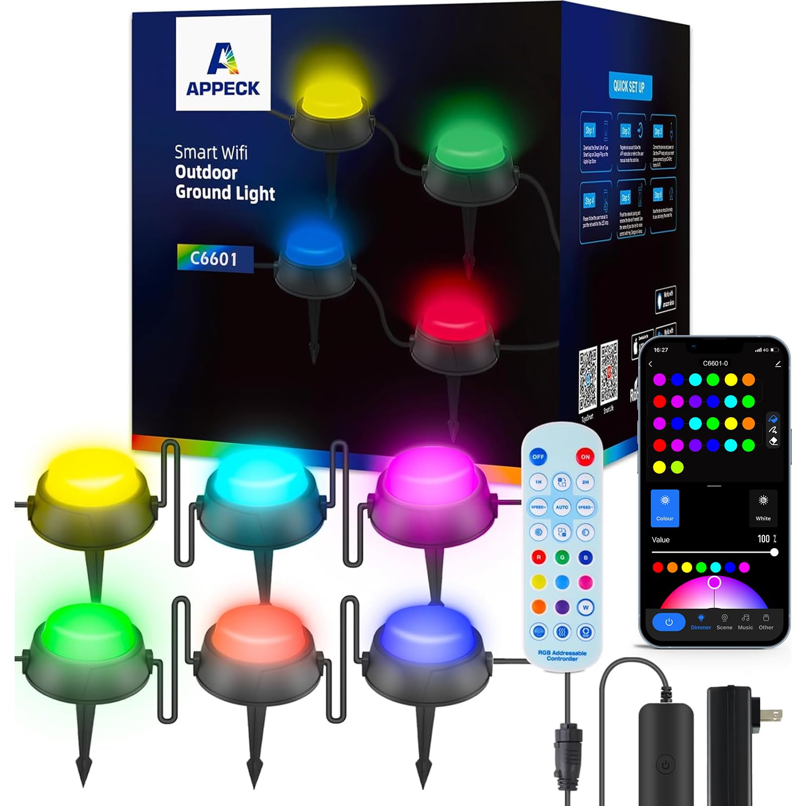 APPECK Outdoor Ground Lights 26 Pack, 59FT Smart RGBICW Pathway Lights, IP67 Waterproof Landscape Lighting with Alexa, App Contr