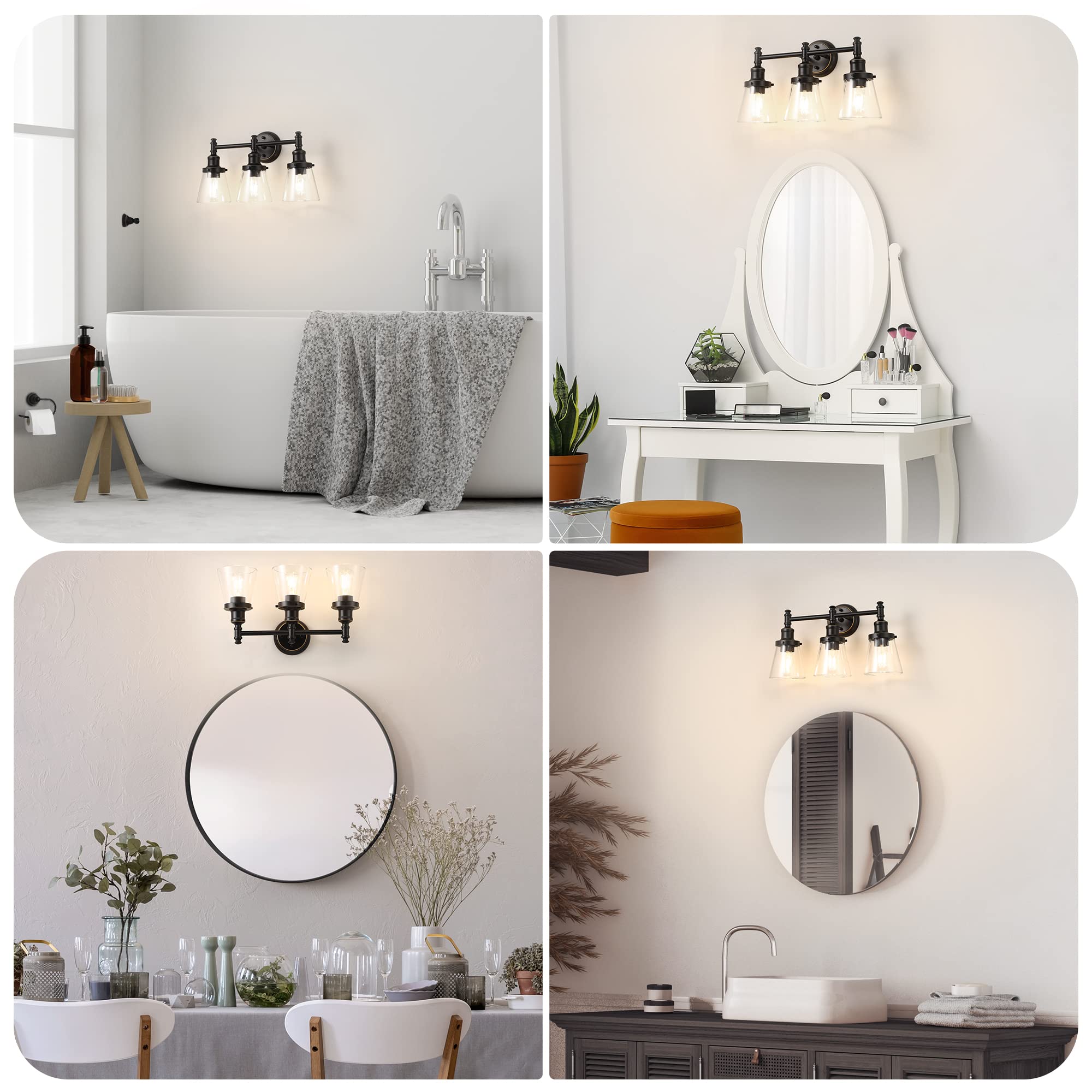 DEWENWILS Bathroom Vanity Light Fixtures, 5-Piece Set, 3-Light Sconce, Glass Shade, Black, Model HHVL01D