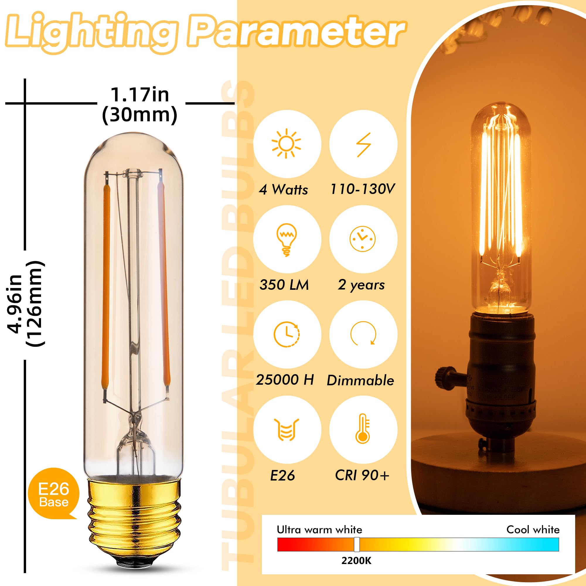 Grensk Dimmable E26 Led Edison Tubular Light Bulbs 40W, 4.96 Inches T10 T30 4W 350Lumens Vintage Light Bulbs,2200K Soft White Flicker-Free For Chandelier Light Or Industrial Wall Sconces,2 Pack