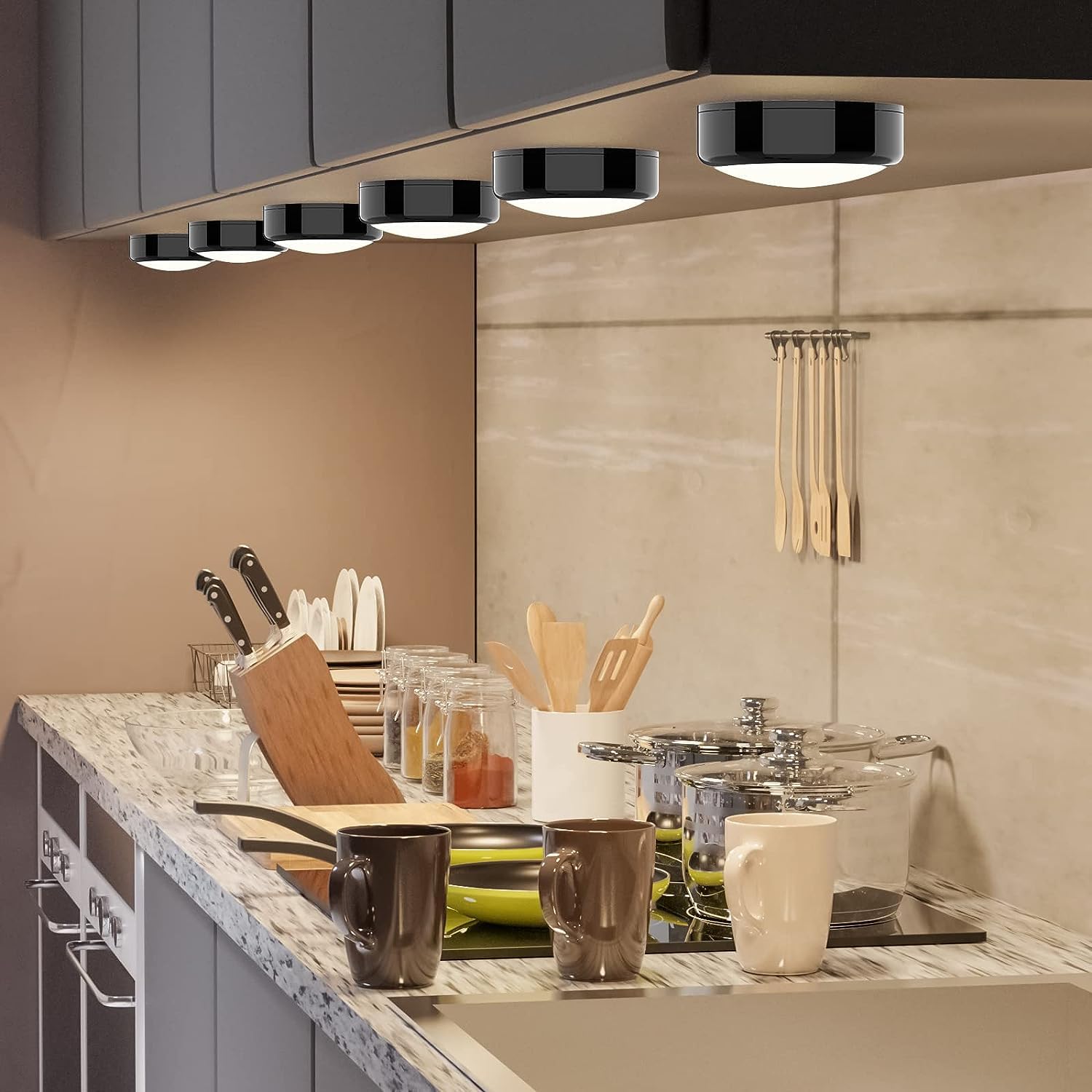 HELPLEX LED Puck Lights, 16 Colors, Dimmable, Battery Powered, 6 Pack, Includes 18 AA Batteries, Remote Control, Timing Function, Black