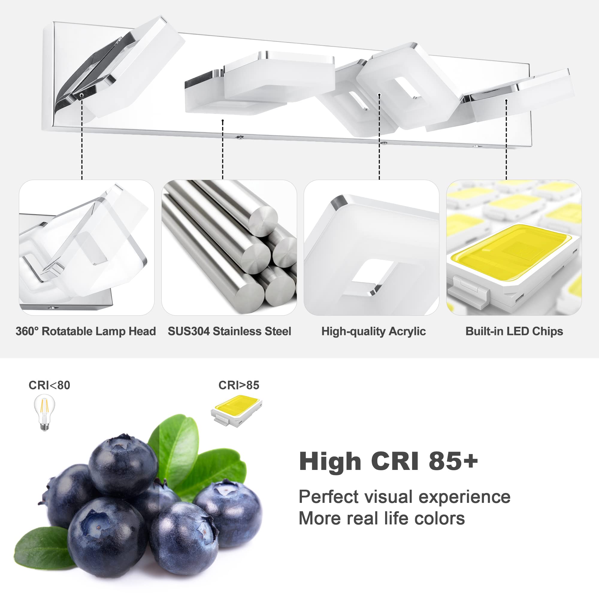 Goodate 3-Color Dimmable Chrome Led Vanity Lights, 4-Light Fixtures For Bathroom, 360° Rotate