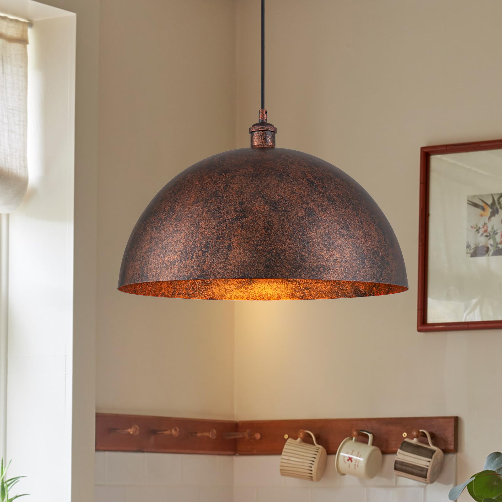 17.7  Industrial Metal Dome Pendant Light  Rust Industrial Pendant Lights for Kitchen Island  Dimmable Hanging Light Fixtures Compatible for Kitchen Island  Dining Room