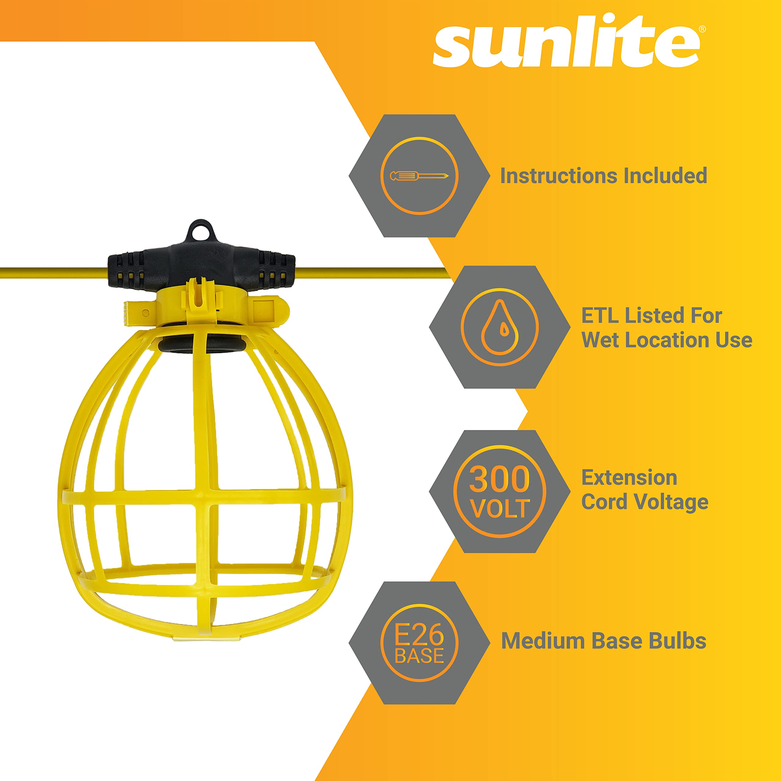 Sunlite Construction Cage String Lights, 50ft, 5 Sockets (E26), Safety Yellow, ETL Rated, Indoor/Outdoor, Model 04224