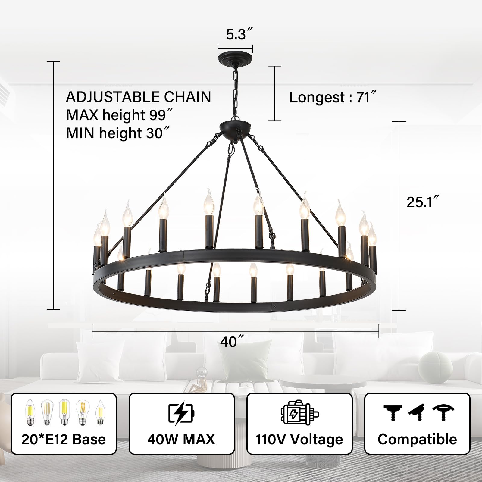 Zbmyrbzj 40'' Black Wagon Wheel Chandelier, 20-Light Industrial Ceiling Fixture For High Ceilings