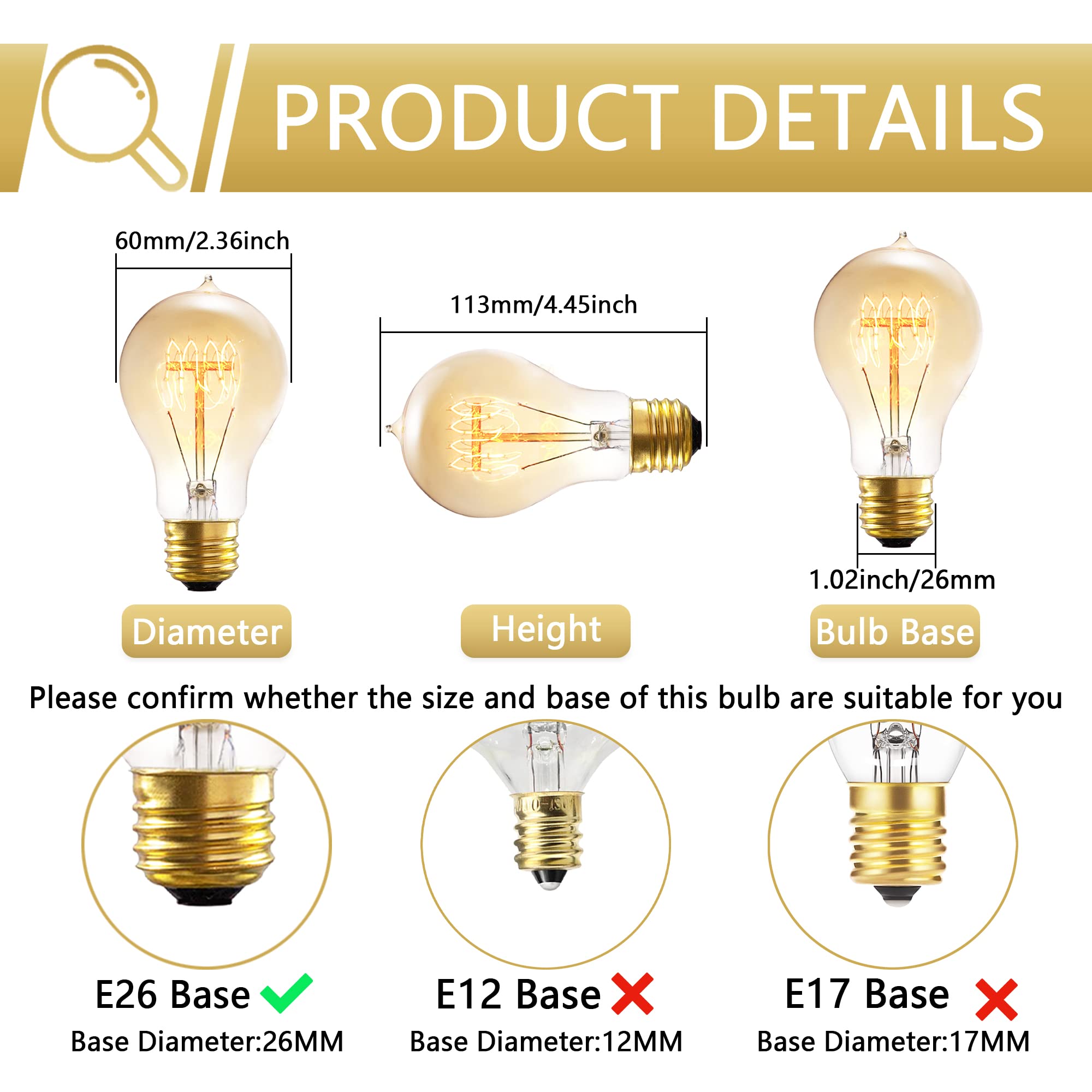 Figame A19 Edison Bulb 40W 6-Pack - Dimmable 120V Amber Glass, Antique Retro Style Old-Fashioned Incandescent Bulb, 2200K Warm Y