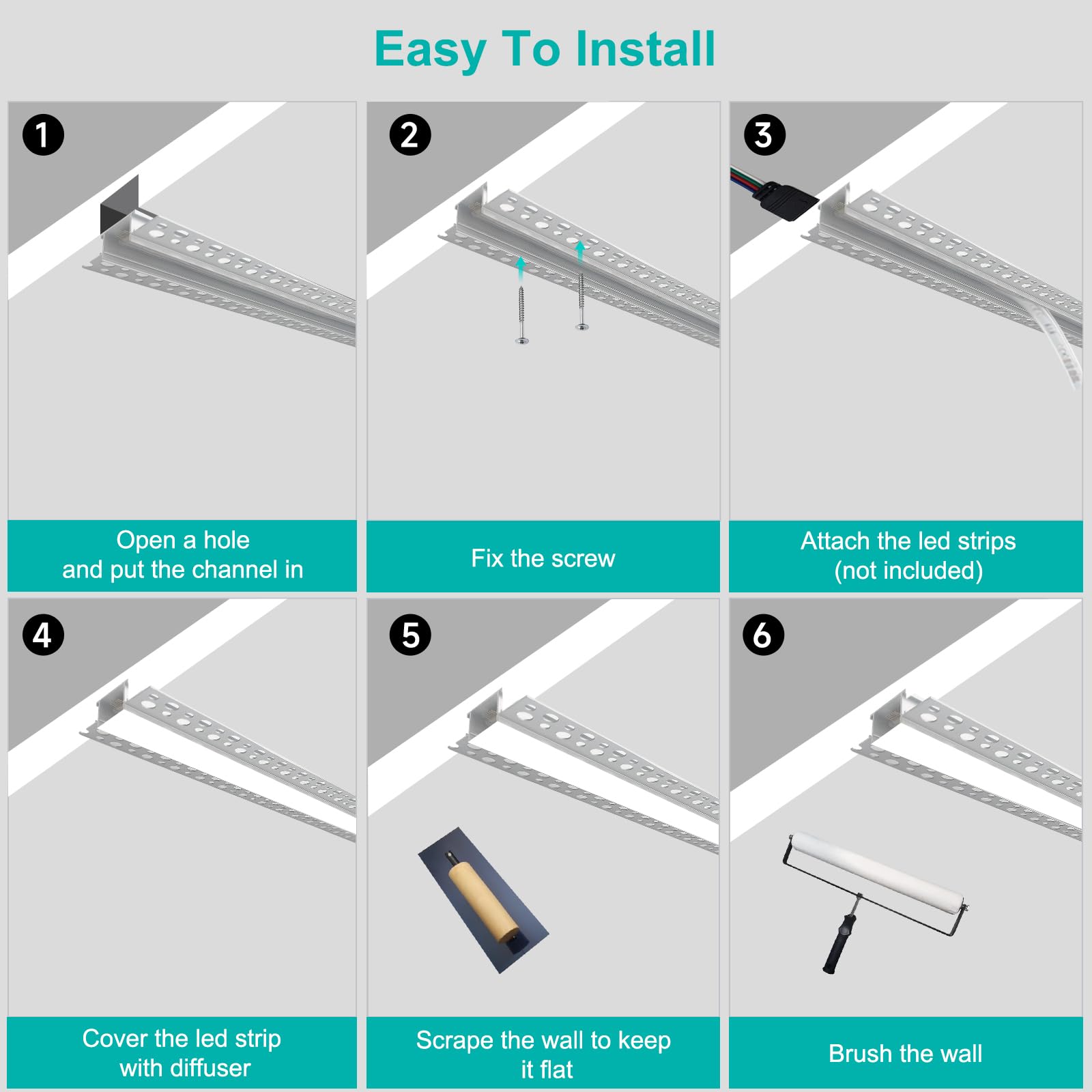 hunhun LED Aluminum Channel 10-Pack, 6.6ft/2Meter, Silver, Trimless with Clip-in Diffuser, Model CH04-M2-PP10