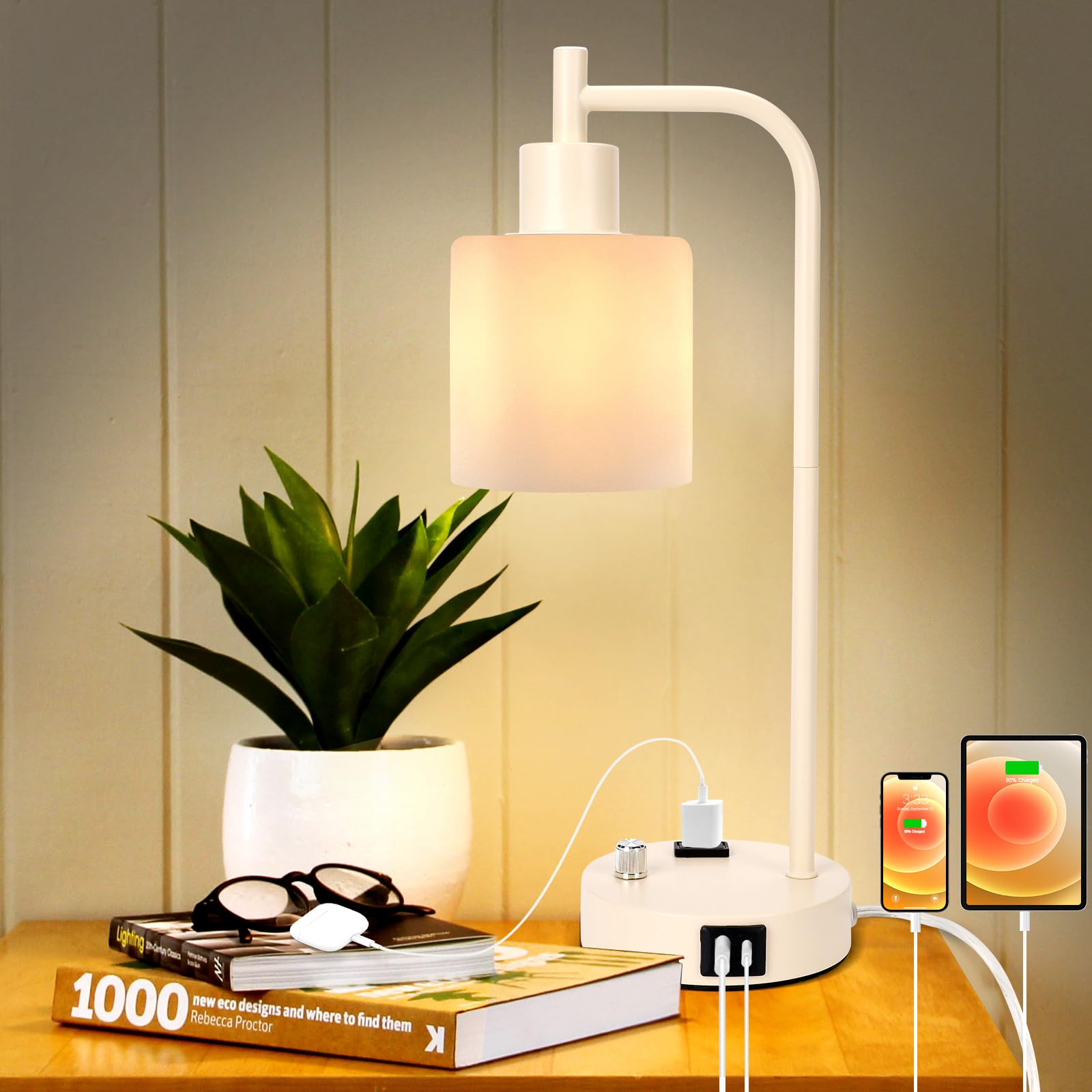 GLITI Industrial Desk Lamp, Stepless Dimmable, 2 USB Ports, AC Outlet, Frosted Glass Shade, Gold, Model T189