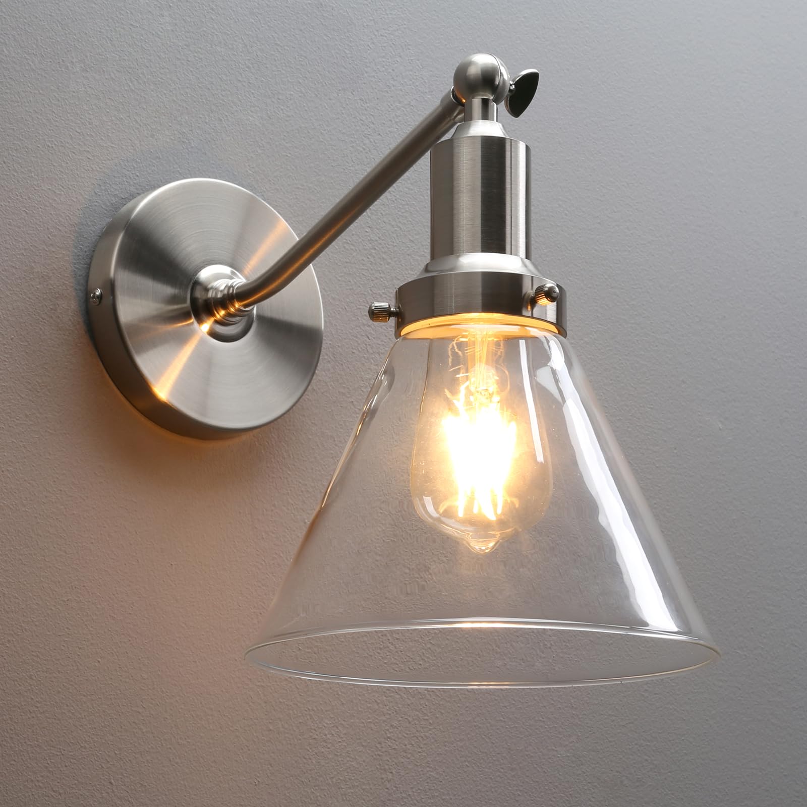 PERMO Industrial Vintage Wall Sconce Light Fixture, Funnel Flared Clear Glass Shade, Brushed Metal, Model Y410, 1-Light Hardwired