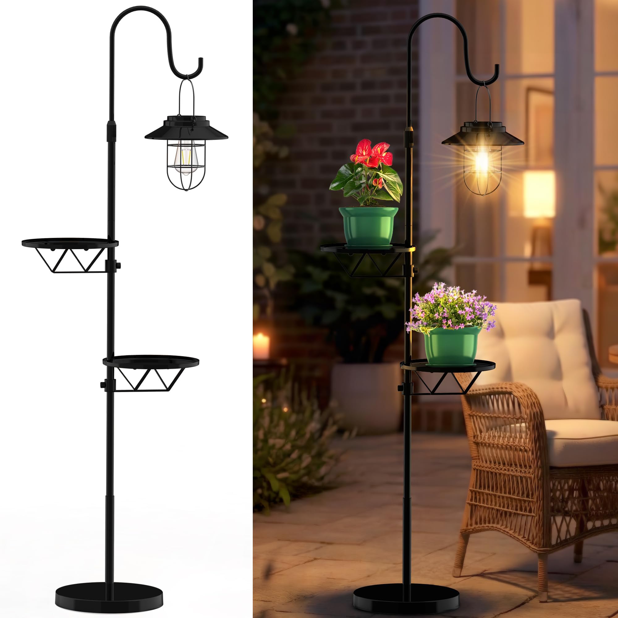 Candieslife 61 Solar Lights Outdoor with Plant Stands - Metal Shepherd Hook with Hanging Solar Lantern, Waterproof Solar Floor L