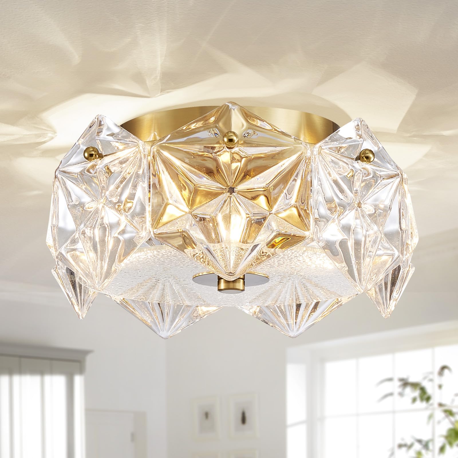 AGV LIGHTING CL058 Flushmount Ceiling Light Fixture  Close to Ceiling  Modern Design  2-Lights  D9 x H5  Perfect for Living Room  Shield Shaped Glass Shade & Gold Finish Frame